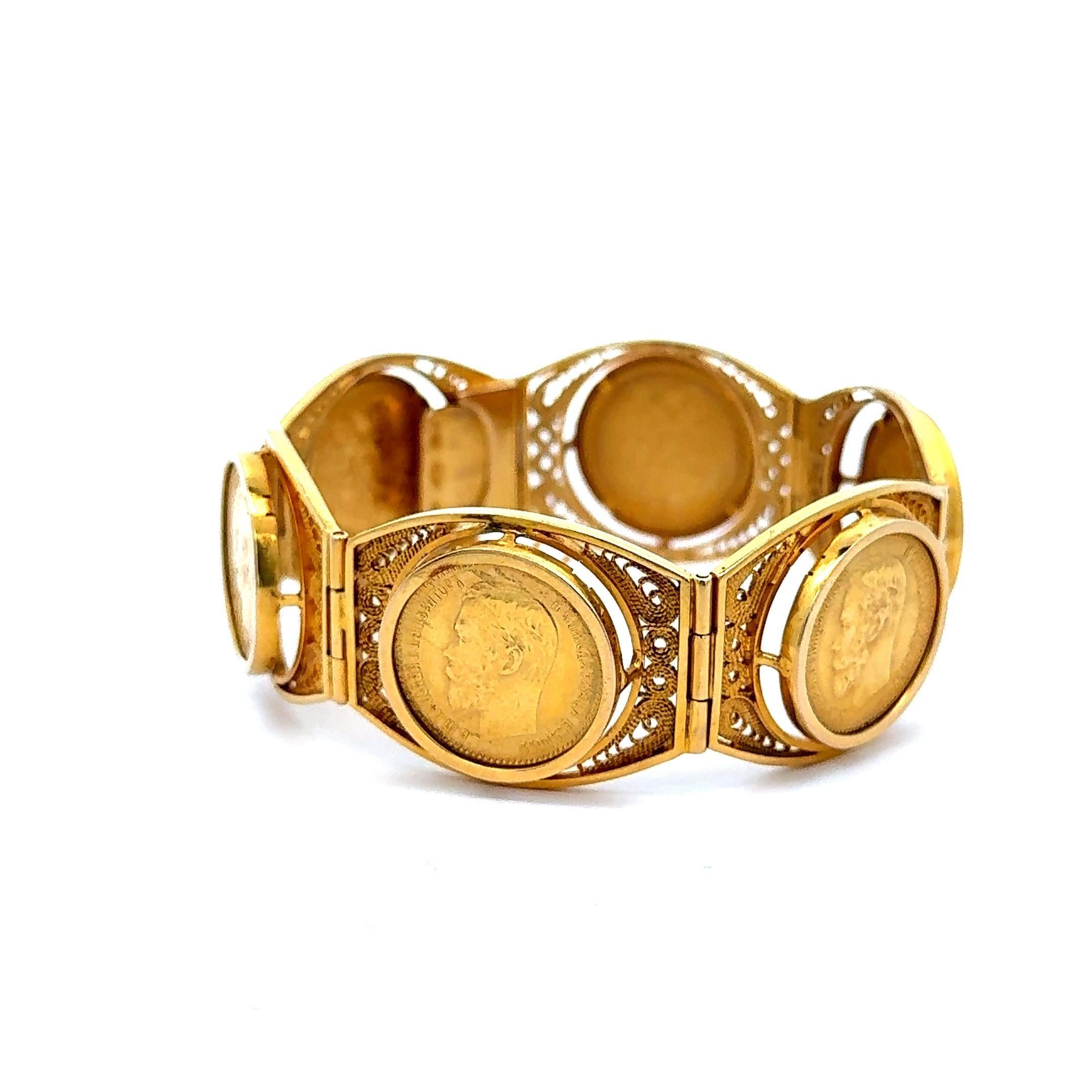 Bracelet en or 22K et 18K de pièces de monnaie russes de 10 roubles Nicolas II 1898 en vente 6