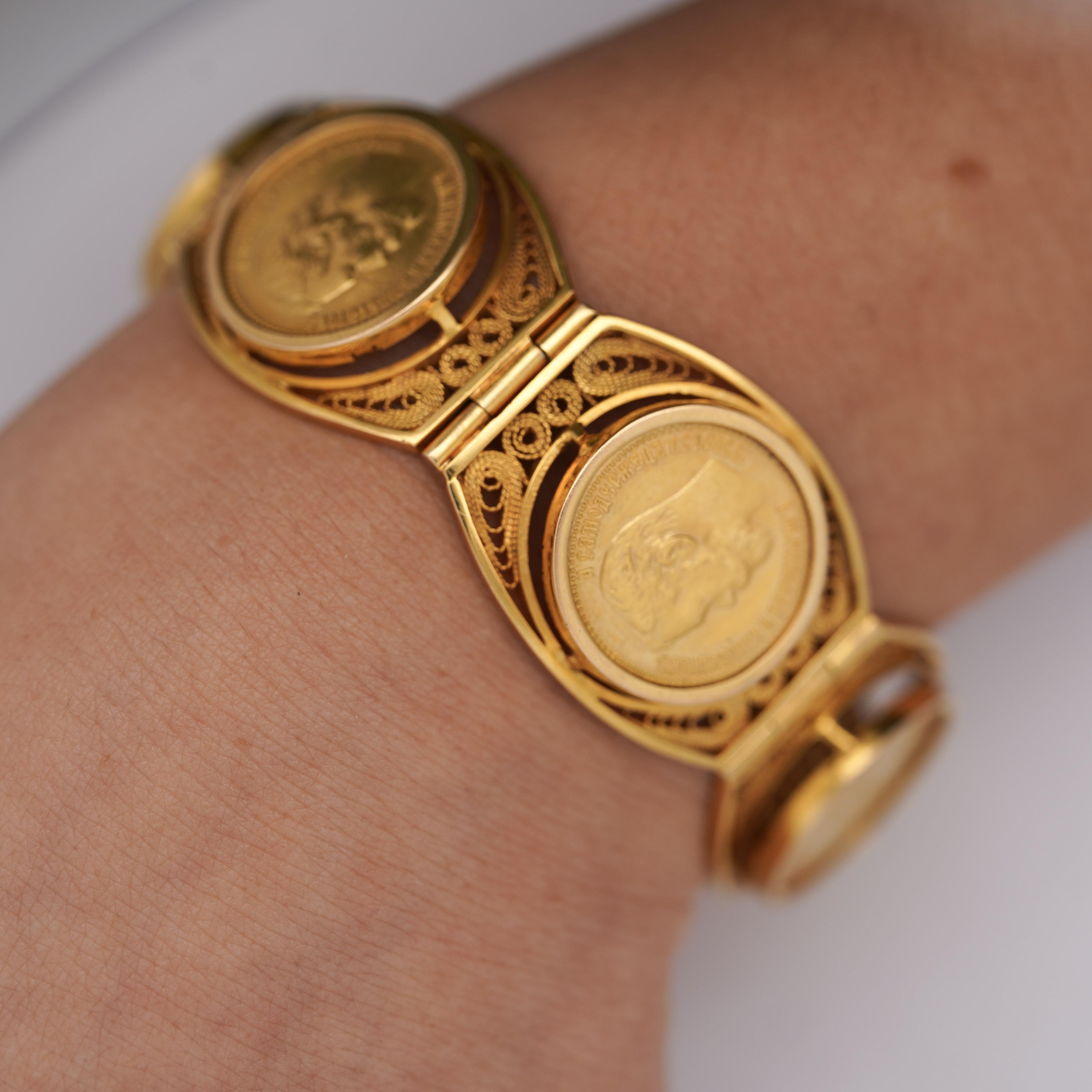 Russe Empire Bracelet en or 22K et 18K de pièces de monnaie russes de 10 roubles Nicolas II 1898 en vente