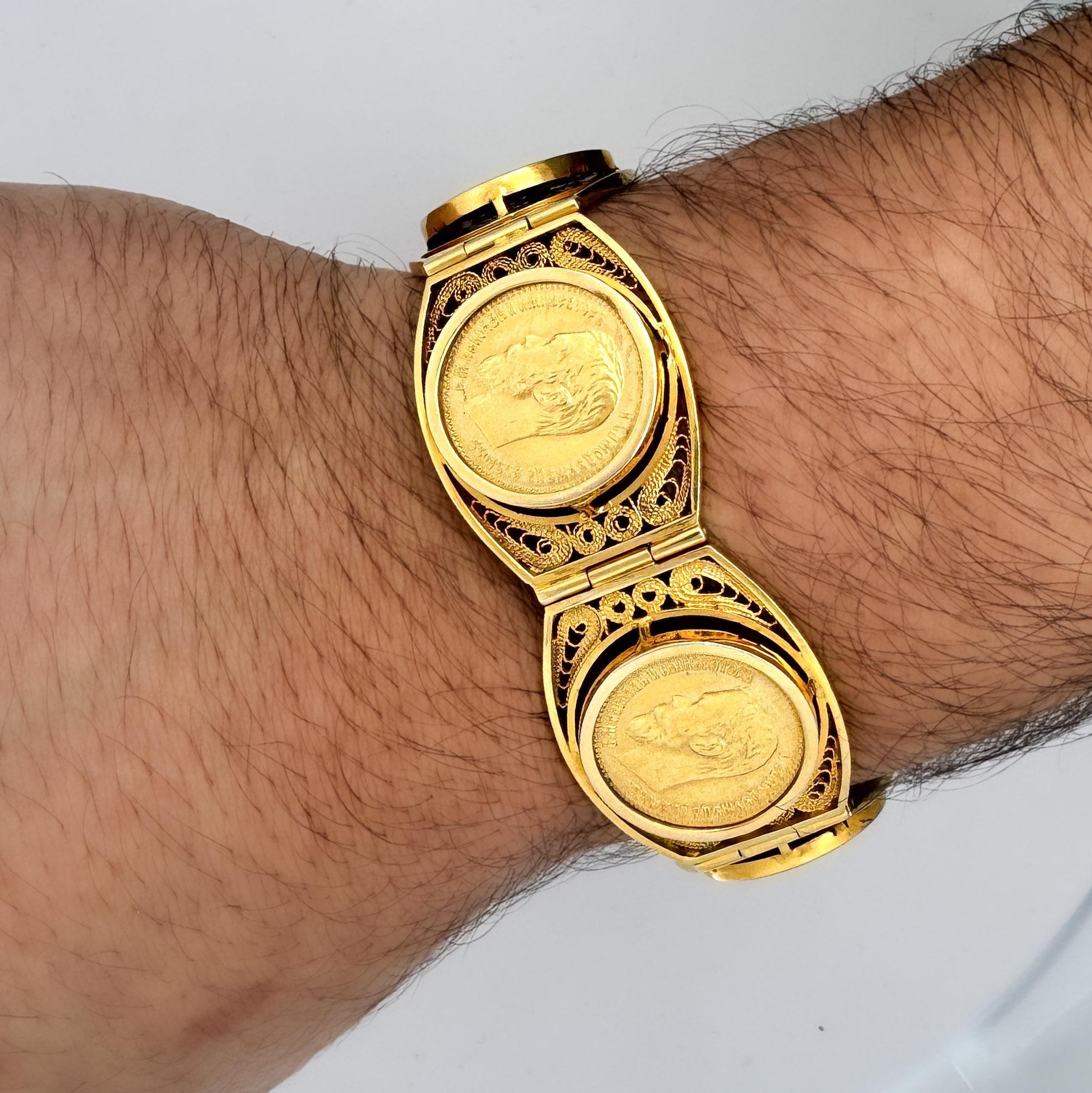 Bracelet en or 22K et 18K de pièces de monnaie russes de 10 roubles Nicolas II 1898 Bon état - En vente à Miami, FL