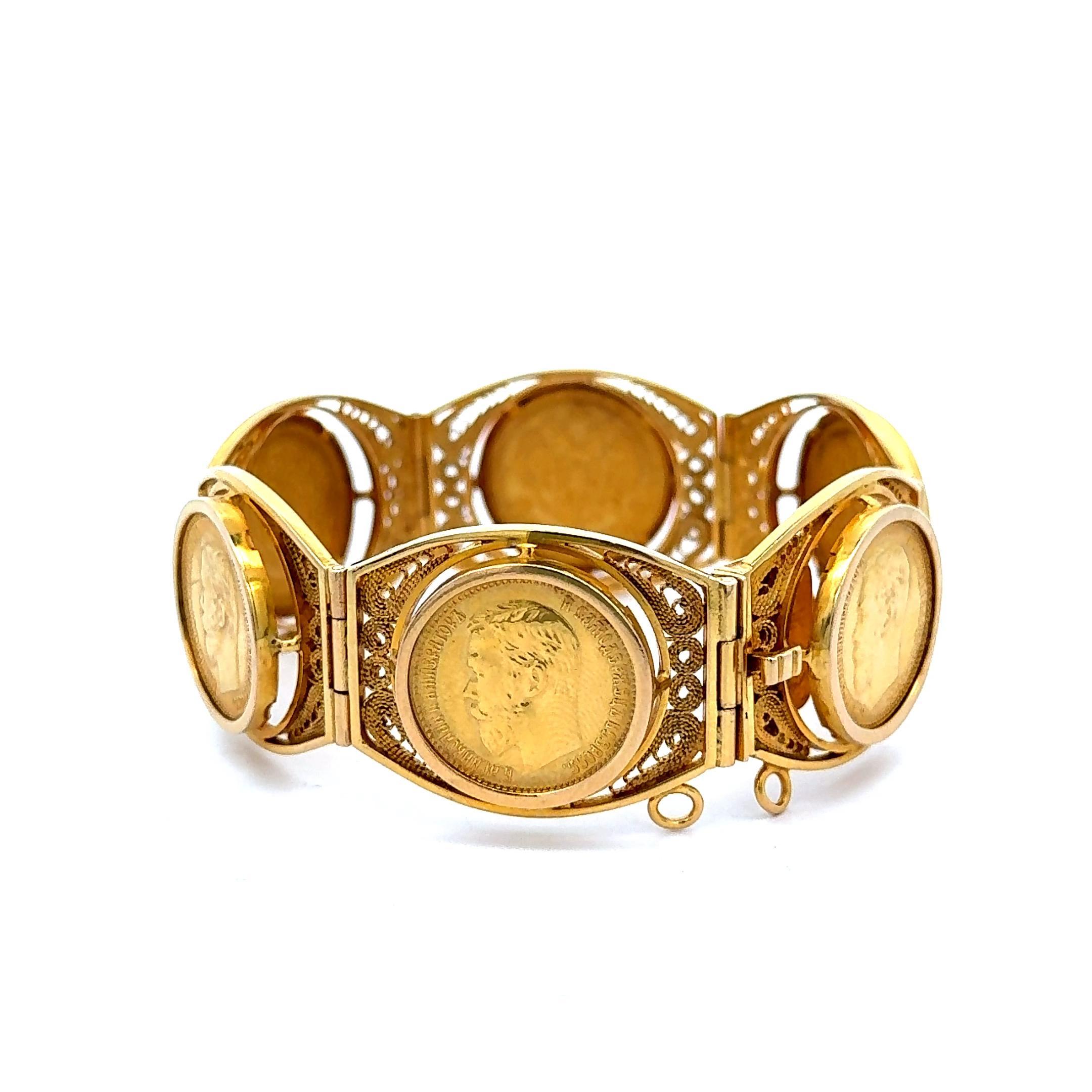 Bracelet en or 22K et 18K de pièces de monnaie russes de 10 roubles Nicolas II 1898 en vente 3