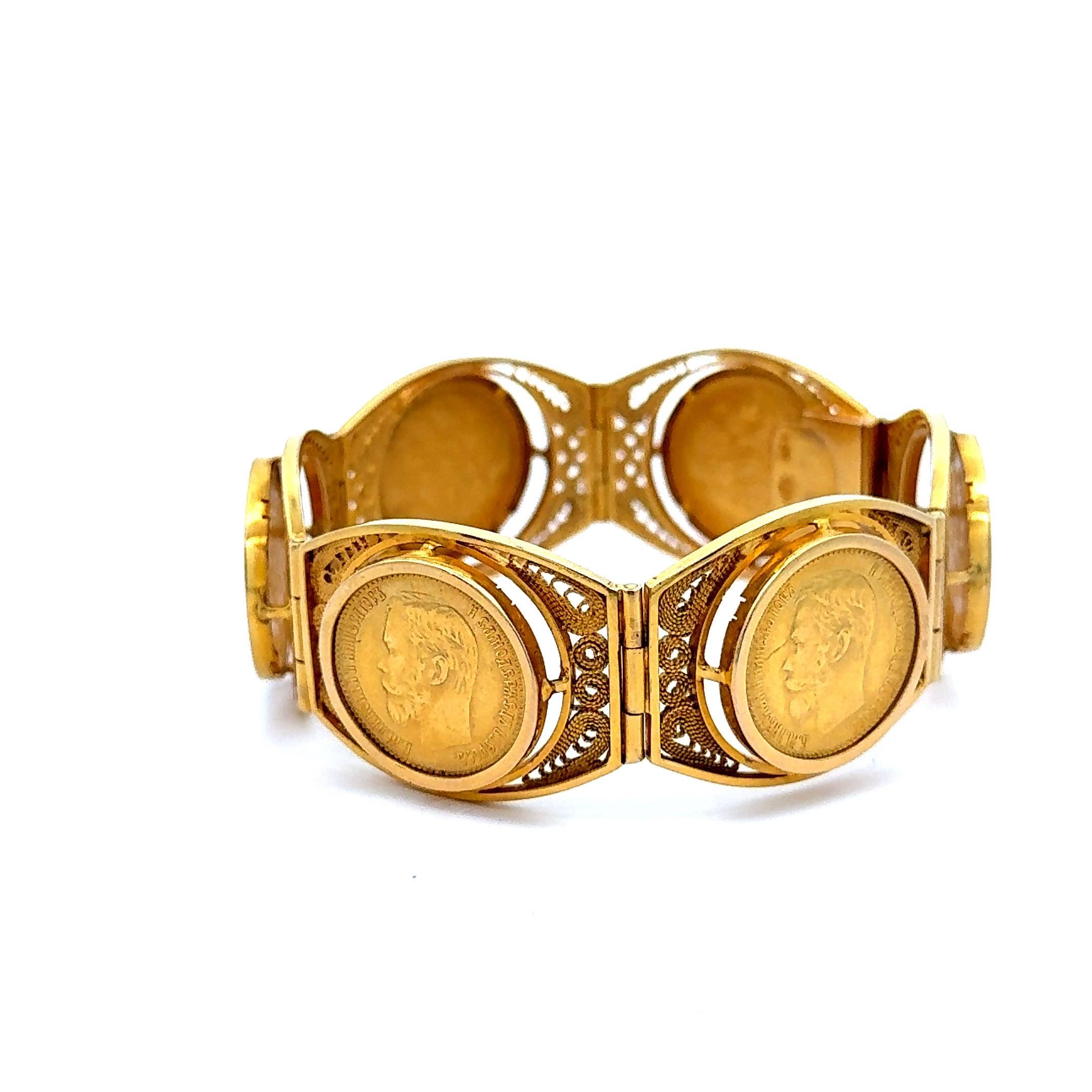Bracelet en or 22K et 18K de pièces de monnaie russes de 10 roubles Nicolas II 1898 en vente 4