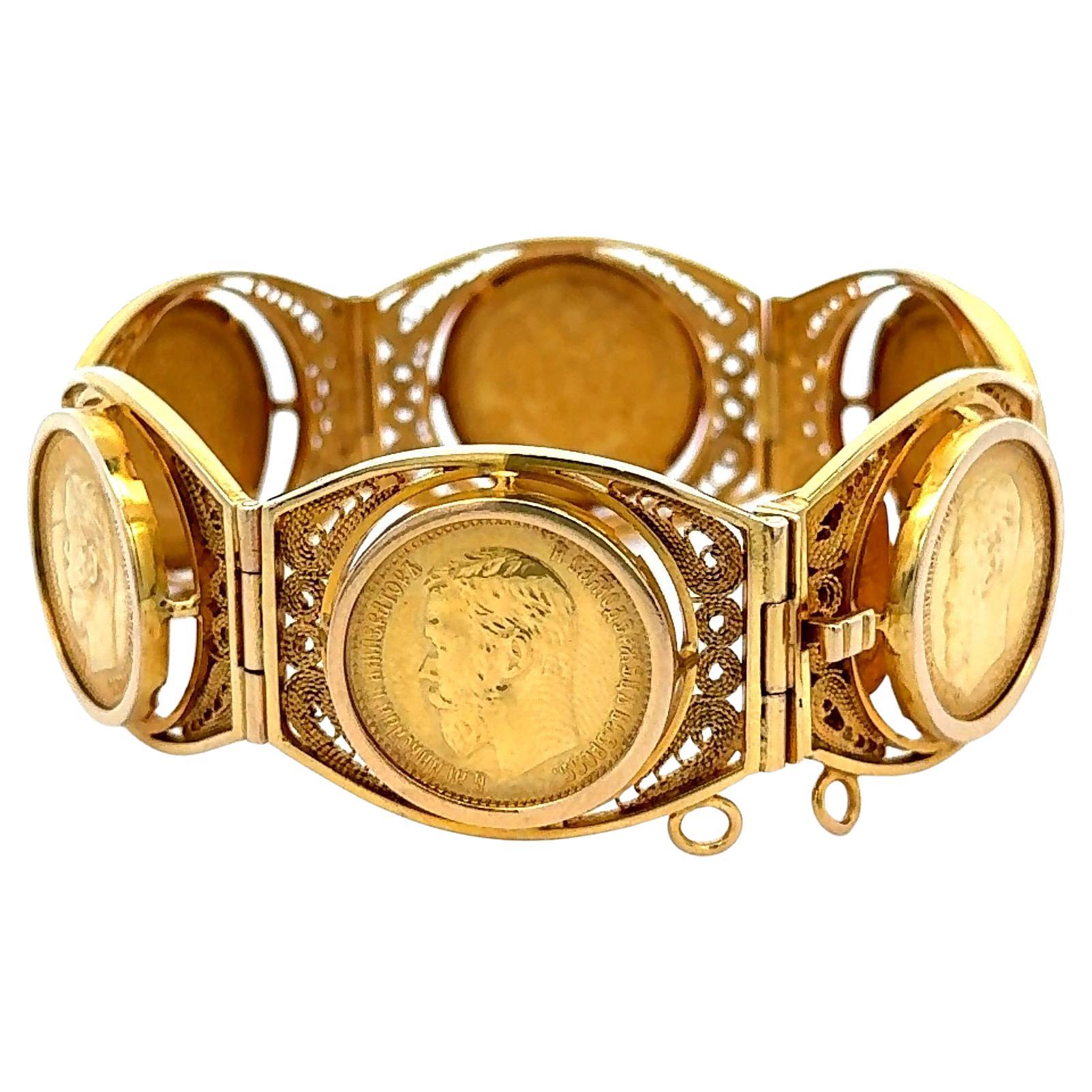 Bracciale con monete d'oro russo Imperial 10 Rubli Nicola II 1898 22K e 18K
