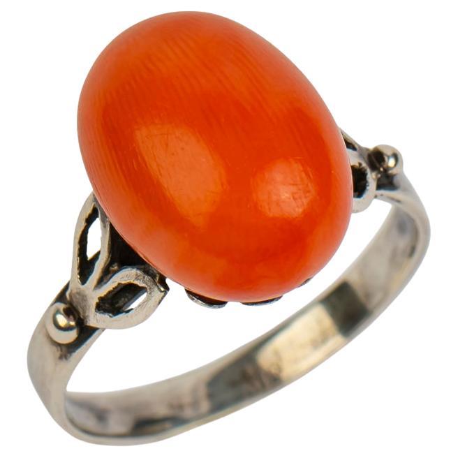 Russian Imperial-era Cabochon Coral Ring, circa 1900 For Sale