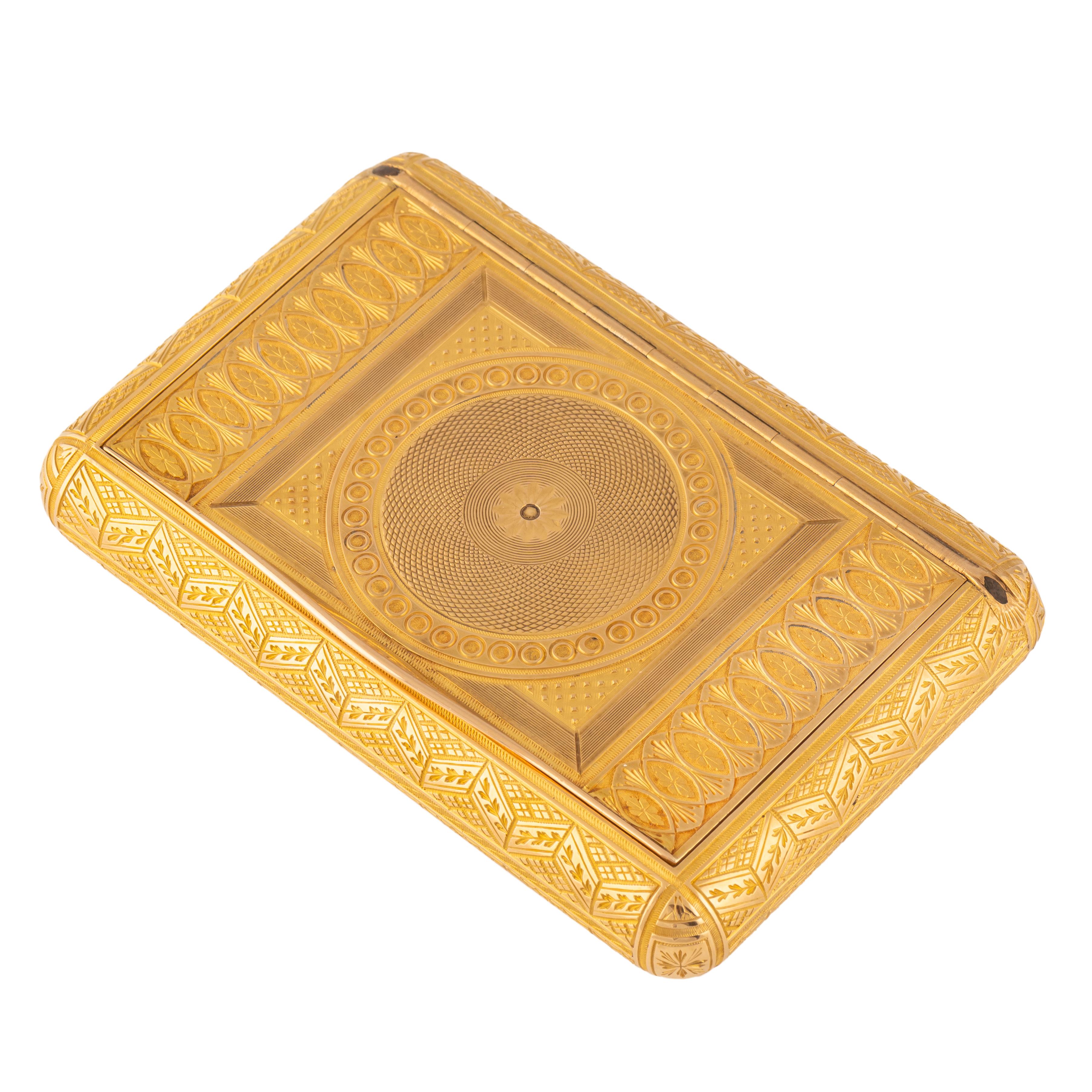 This rare Russian gold snuff box was created during the period of Tsar Alexander I (1801-1825) by one of the most prominent Russian imperial goldsmiths working in the imperial capital of St. Petersburg, Johanne Wilhelm Keibel.

Rectangular with