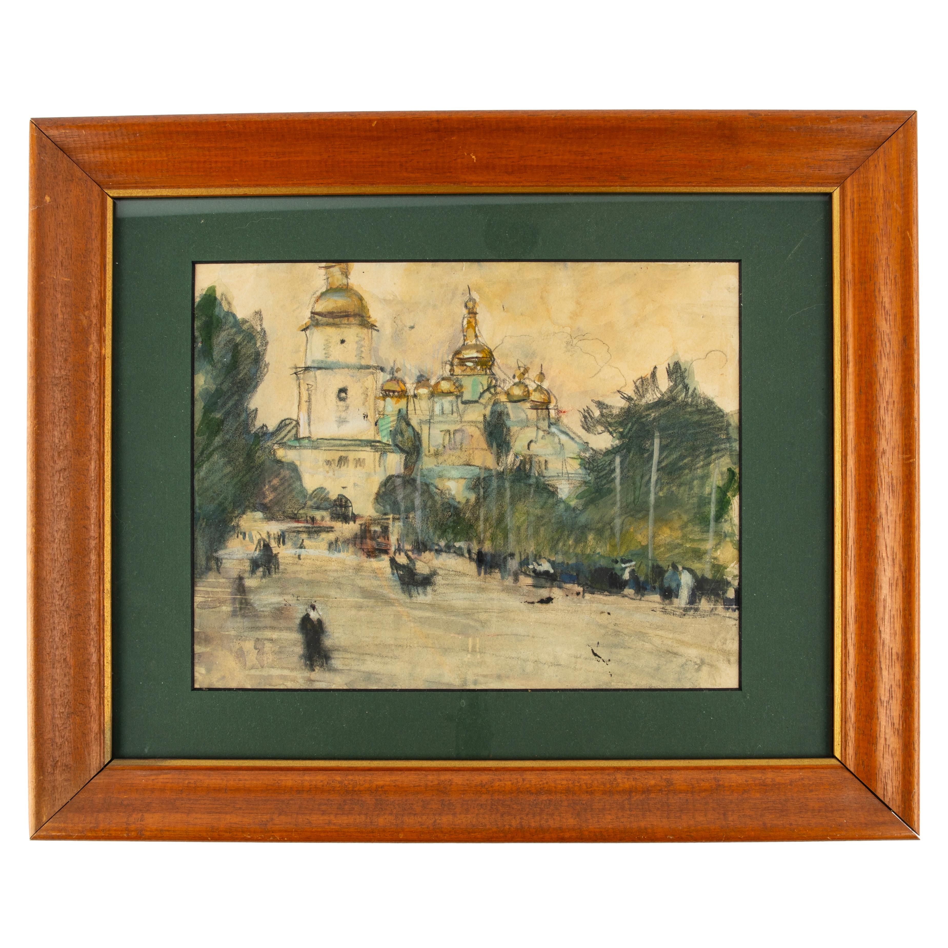 Russian Imperial-era Watercolor of an Orthodox Church, 1910 For Sale 1