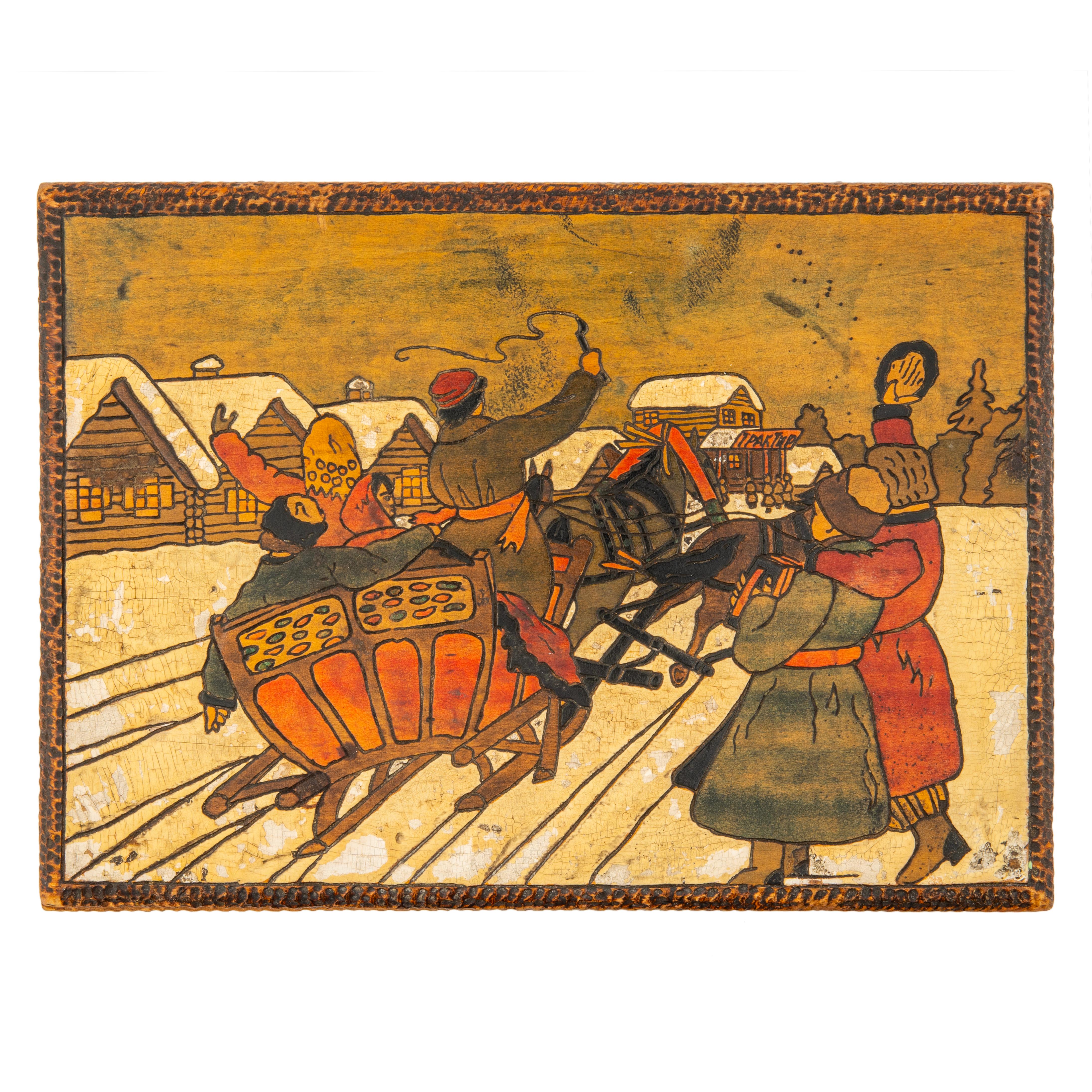 Holzschachtel aus der russischen Kaiserzeit mit der Darstellung der Troika, frühes 20. Jahrhundert (Zarenreich) im Angebot
