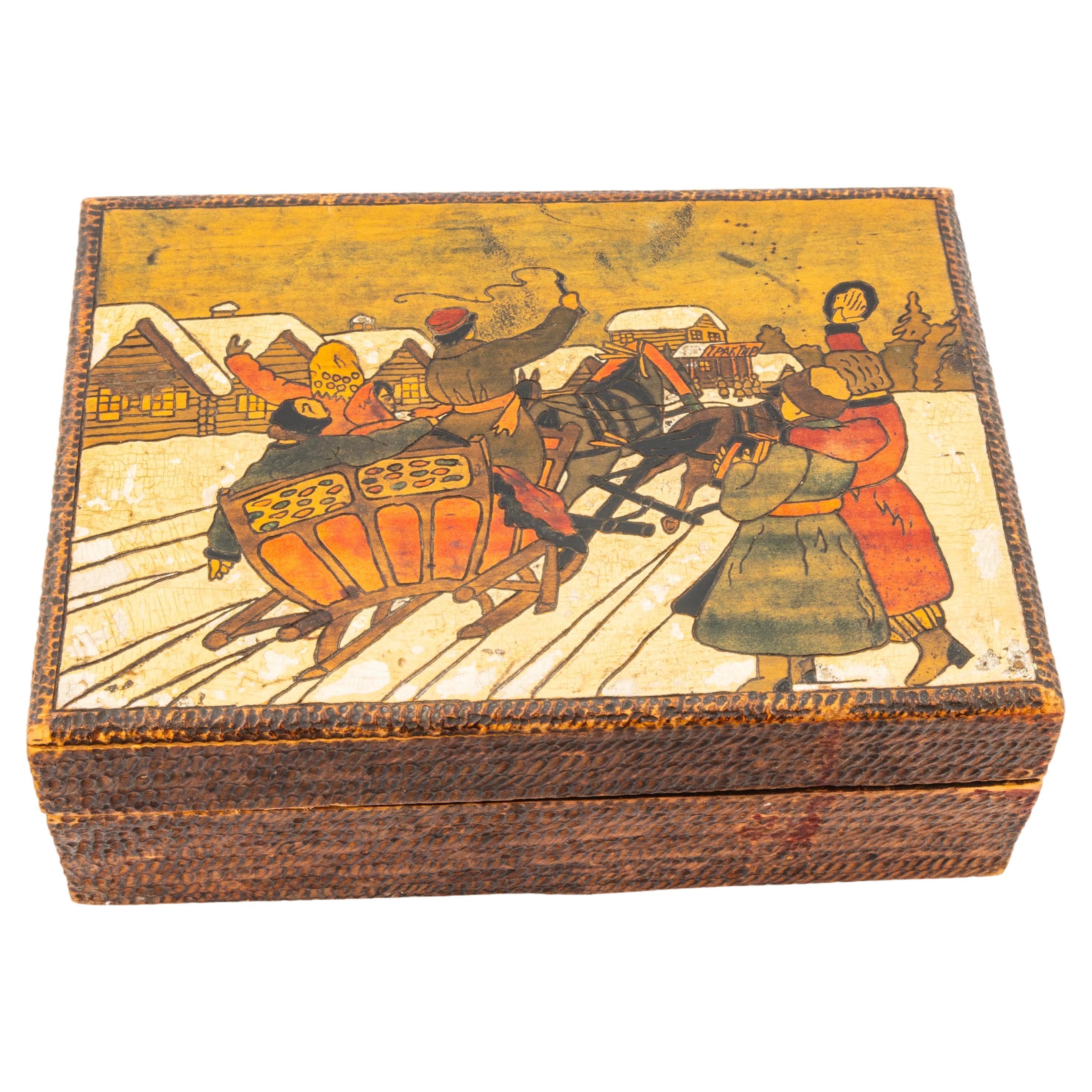 Holzschachtel aus der russischen Kaiserzeit mit der Darstellung der Troika, frühes 20. Jahrhundert im Angebot