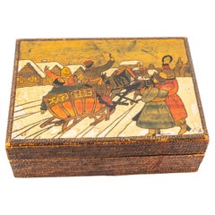 Holzschachtel aus der russischen Kaiserzeit mit der Darstellung der Troika, frühes 20. Jahrhundert