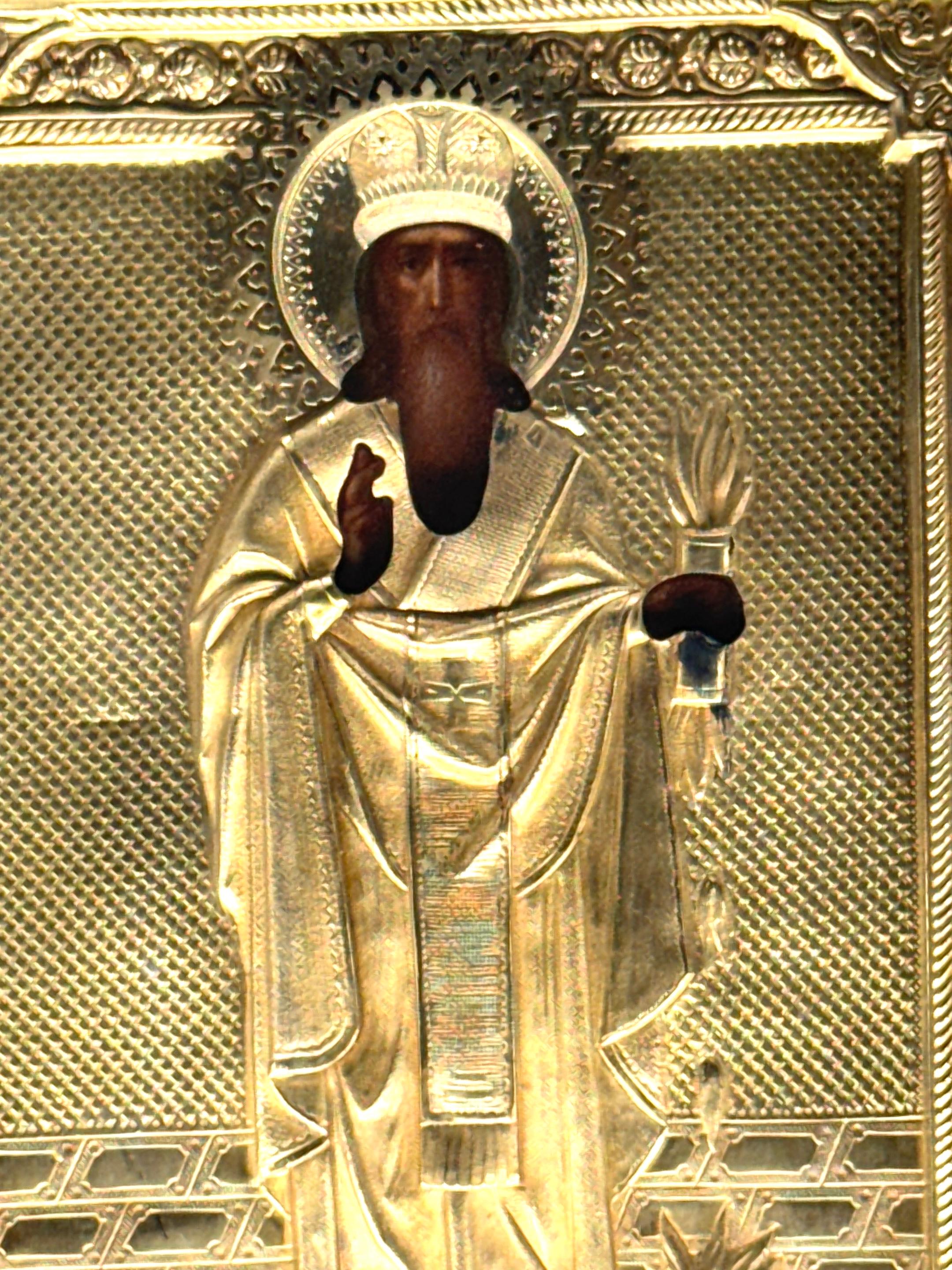Russo Icona imperiale russa d'argento dorato di San Spiridione, marchi di Mosca in vendita