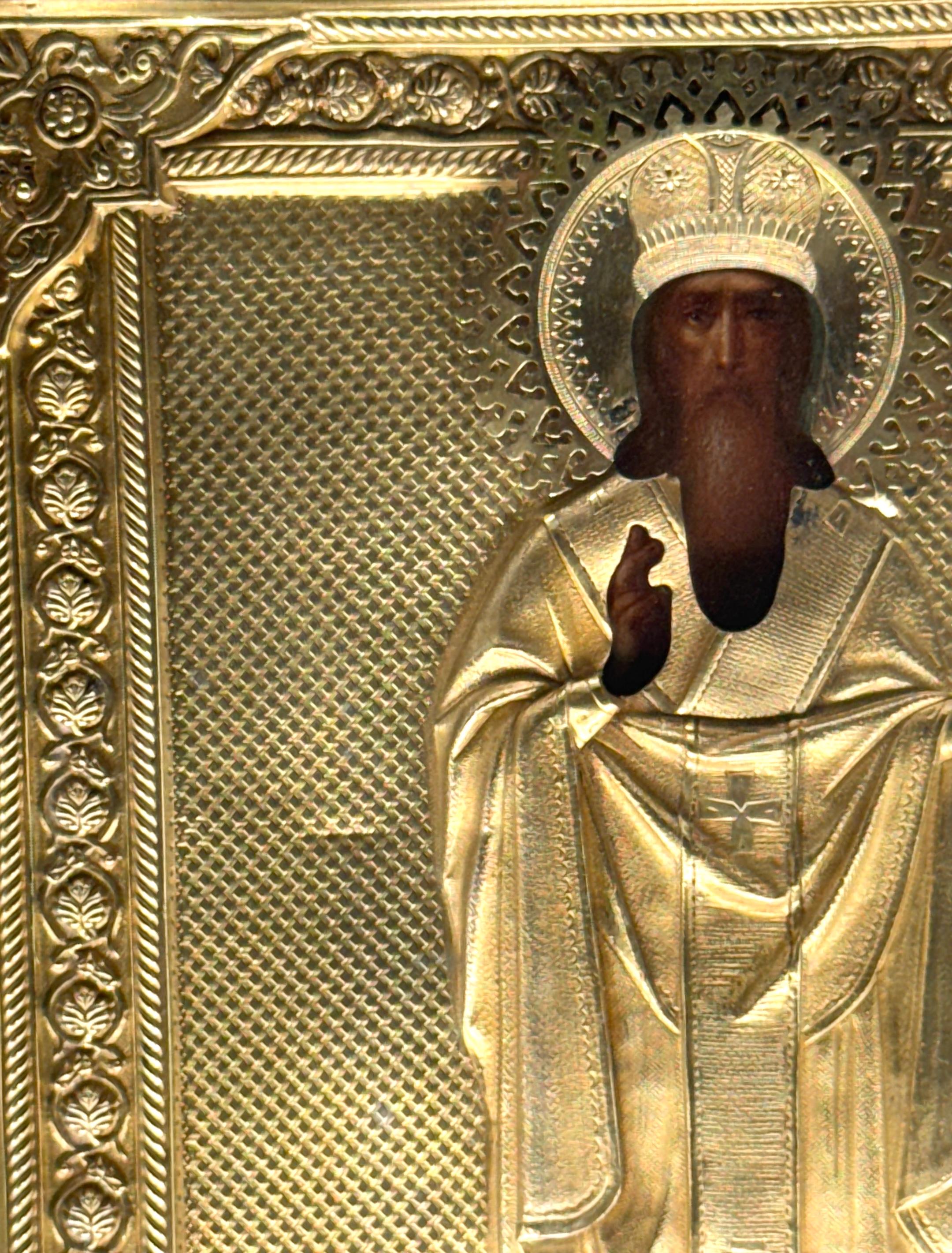XX secolo Icona imperiale russa d'argento dorato di San Spiridione, marchi di Mosca in vendita