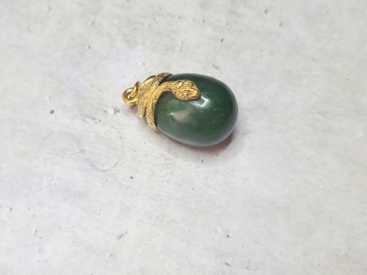 Bead Russian Imperial Gilt Silver Jade Egg Snake Pendant, Workmaster Henrik Wigström