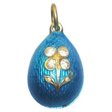 Russian Imperial Guilloche Blue Enamel Egg Pendant, Workmaster Alfred Thielemann