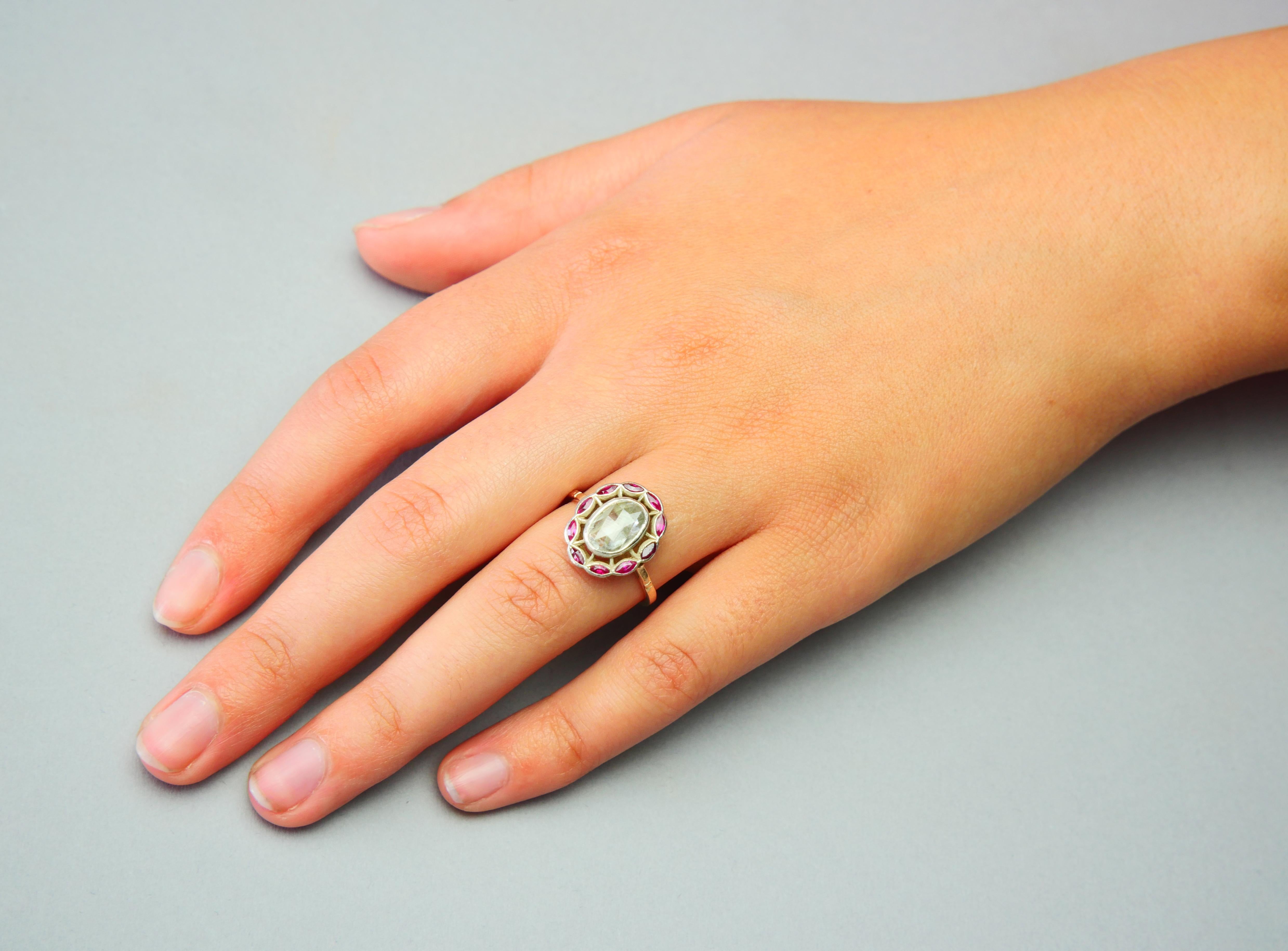 Russischer kaiserlicher Halo-Ring  1.85ct Diamant Rubine 56 14K Gold Ø US7.5 / 2.8gr Damen im Angebot