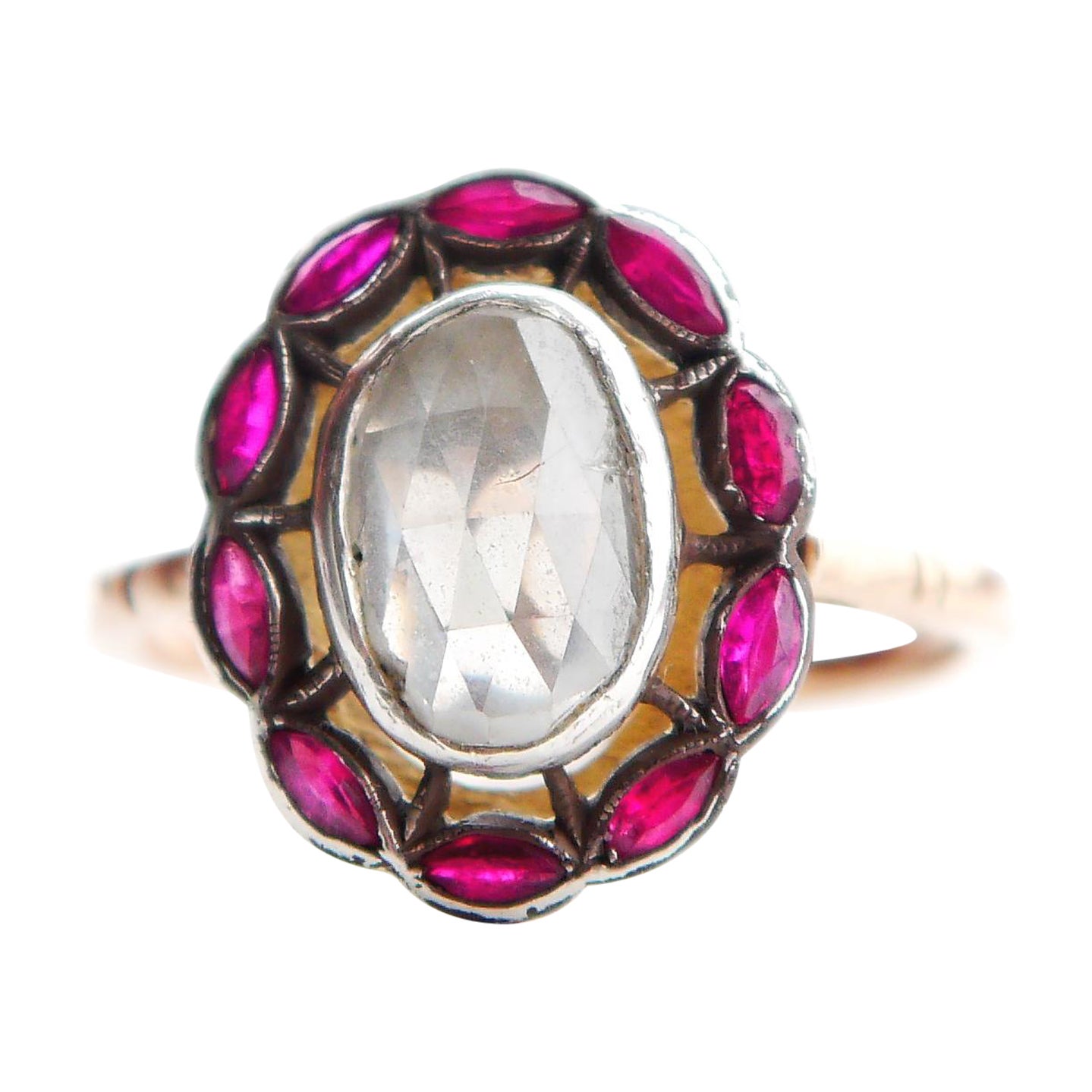 Russischer kaiserlicher Halo-Ring  1.85ct Diamant Rubine 56 14K Gold Ø US7.5 / 2.8gr