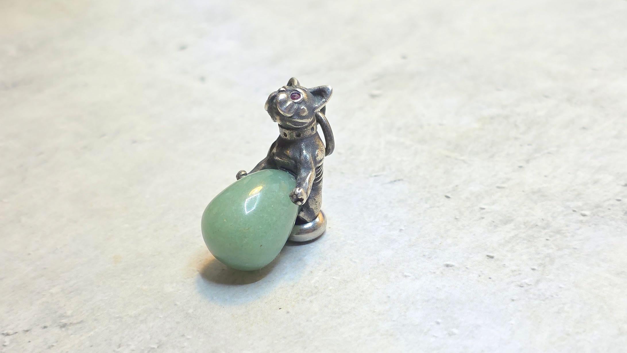 Russian Imperial Jade Egg Pendant with Silver Bulldog and Ruby Eyes For Sale 4