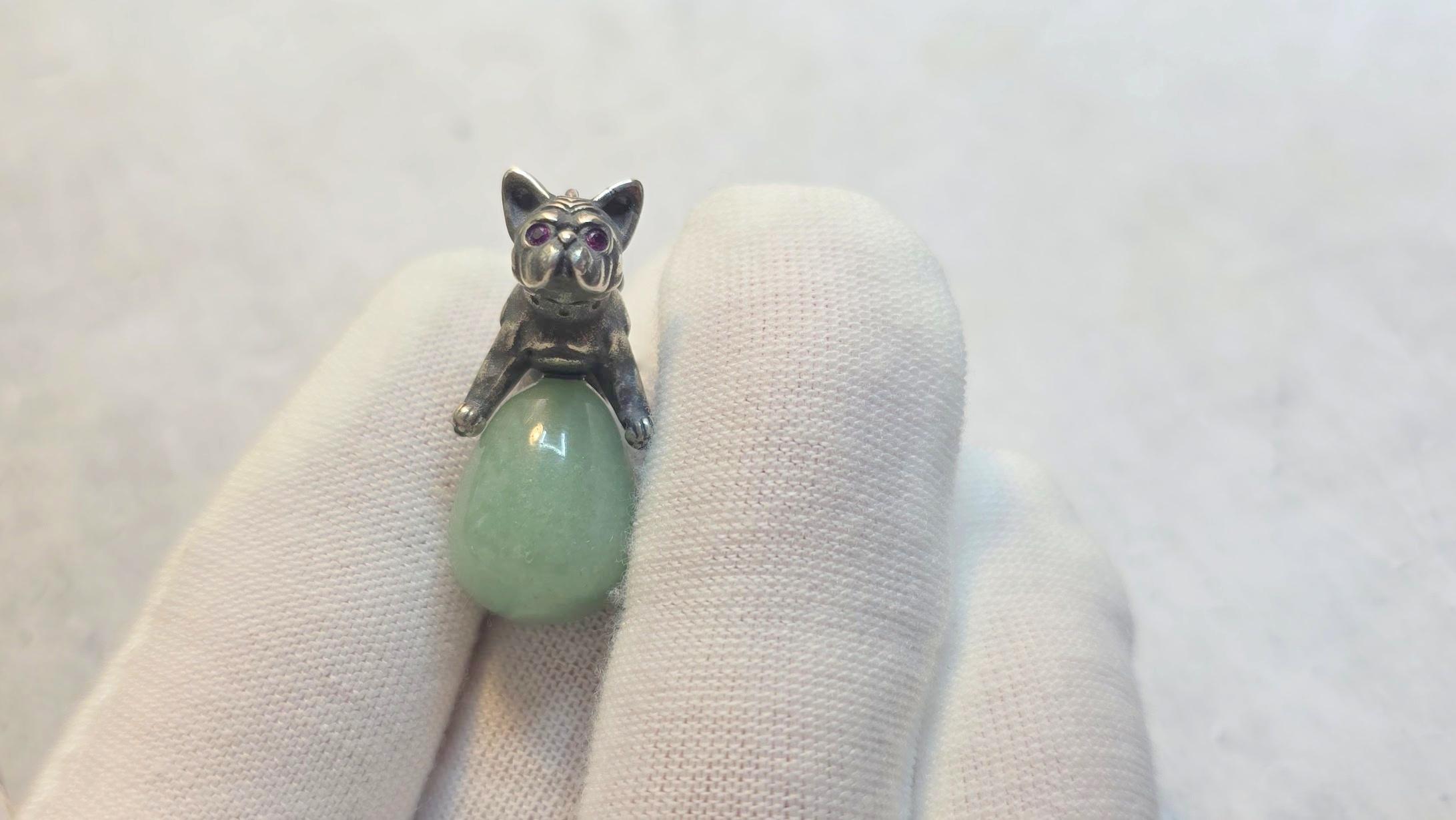 Mixed Cut Russian Imperial Jade Egg Pendant with Silver Bulldog and Ruby Eyes For Sale
