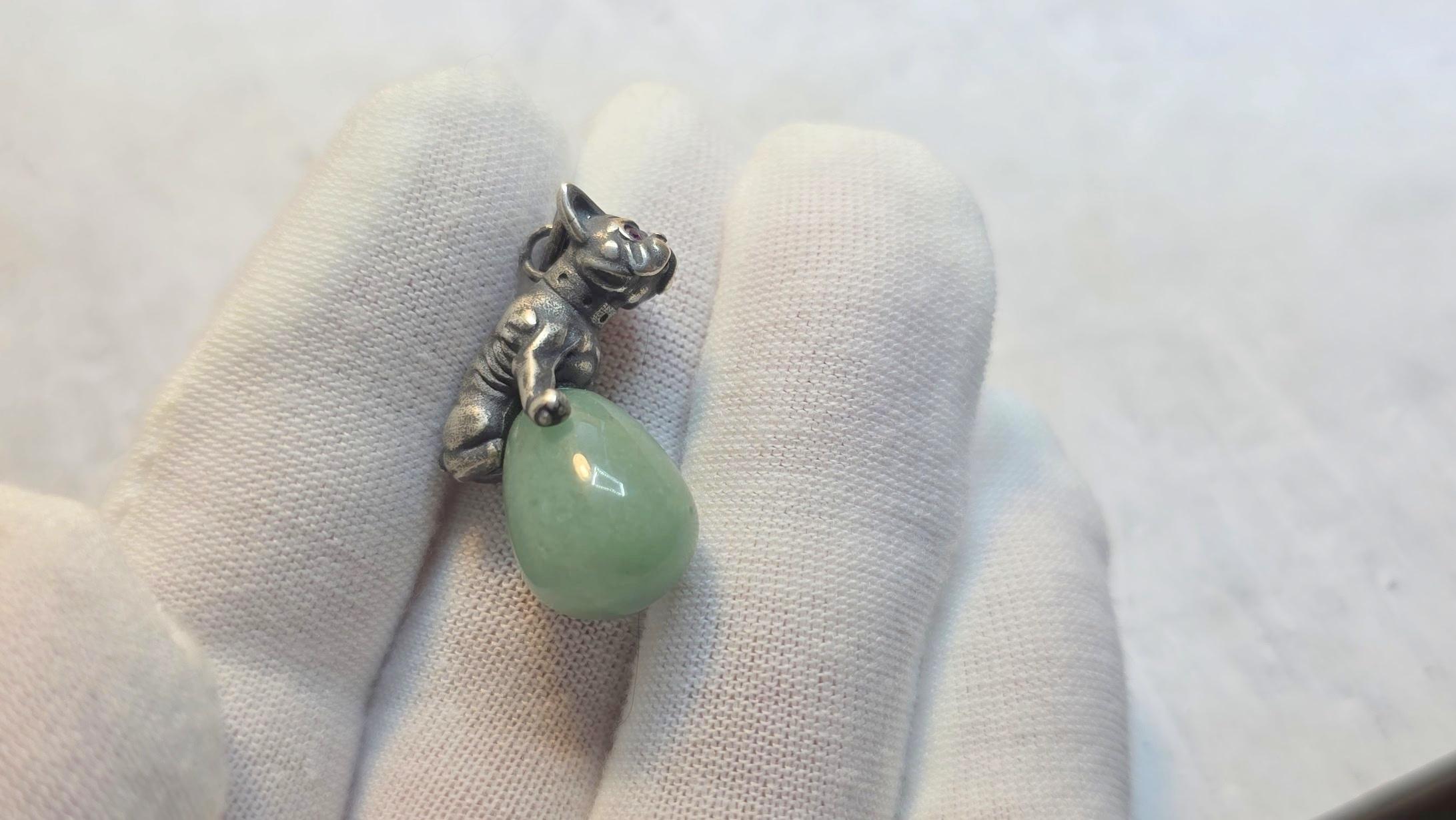 Russian Imperial Jade Egg Pendant with Silver Bulldog and Ruby Eyes In Excellent Condition For Sale In Chesterland, OH