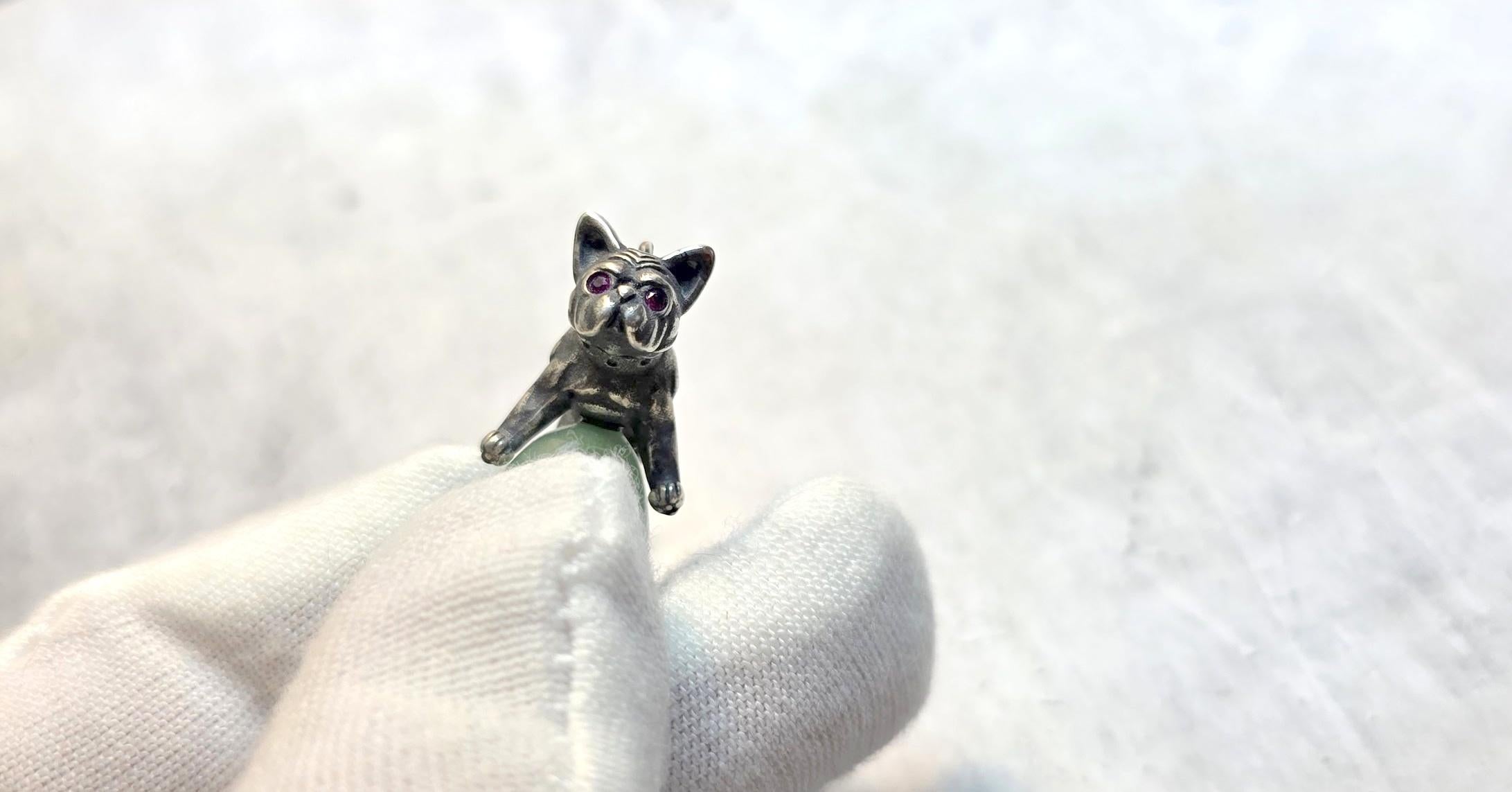 Women's or Men's Russian Imperial Jade Egg Pendant with Silver Bulldog and Ruby Eyes For Sale