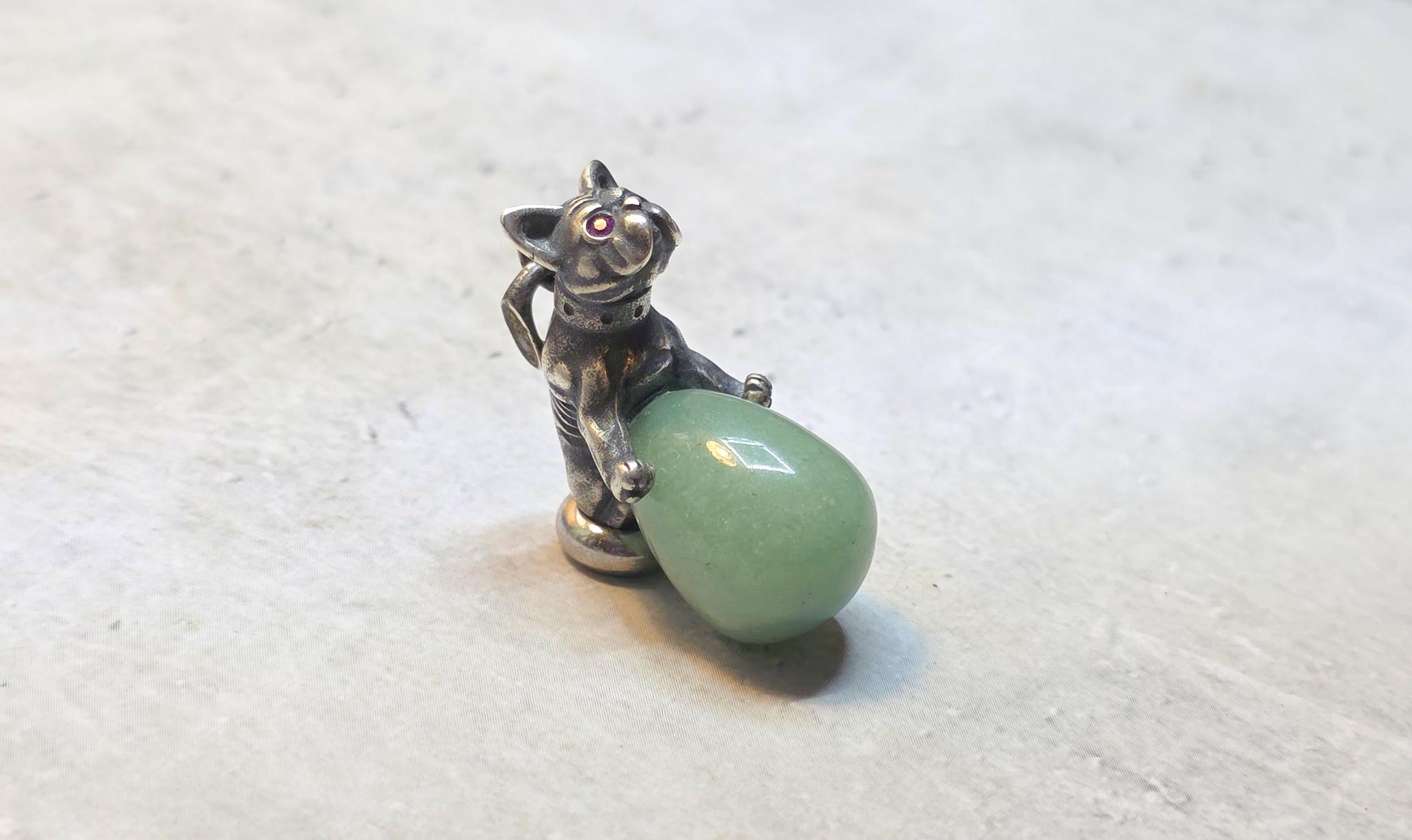 Russian Imperial Jade Egg Pendant with Silver Bulldog and Ruby Eyes For Sale 3