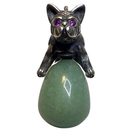 Russian Imperial Jade Egg Pendant with Silver Bulldog and Ruby Eyes For Sale