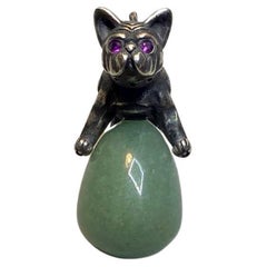 Russian Imperial Jade Egg Pendant with Silver Bulldog and Ruby Eyes