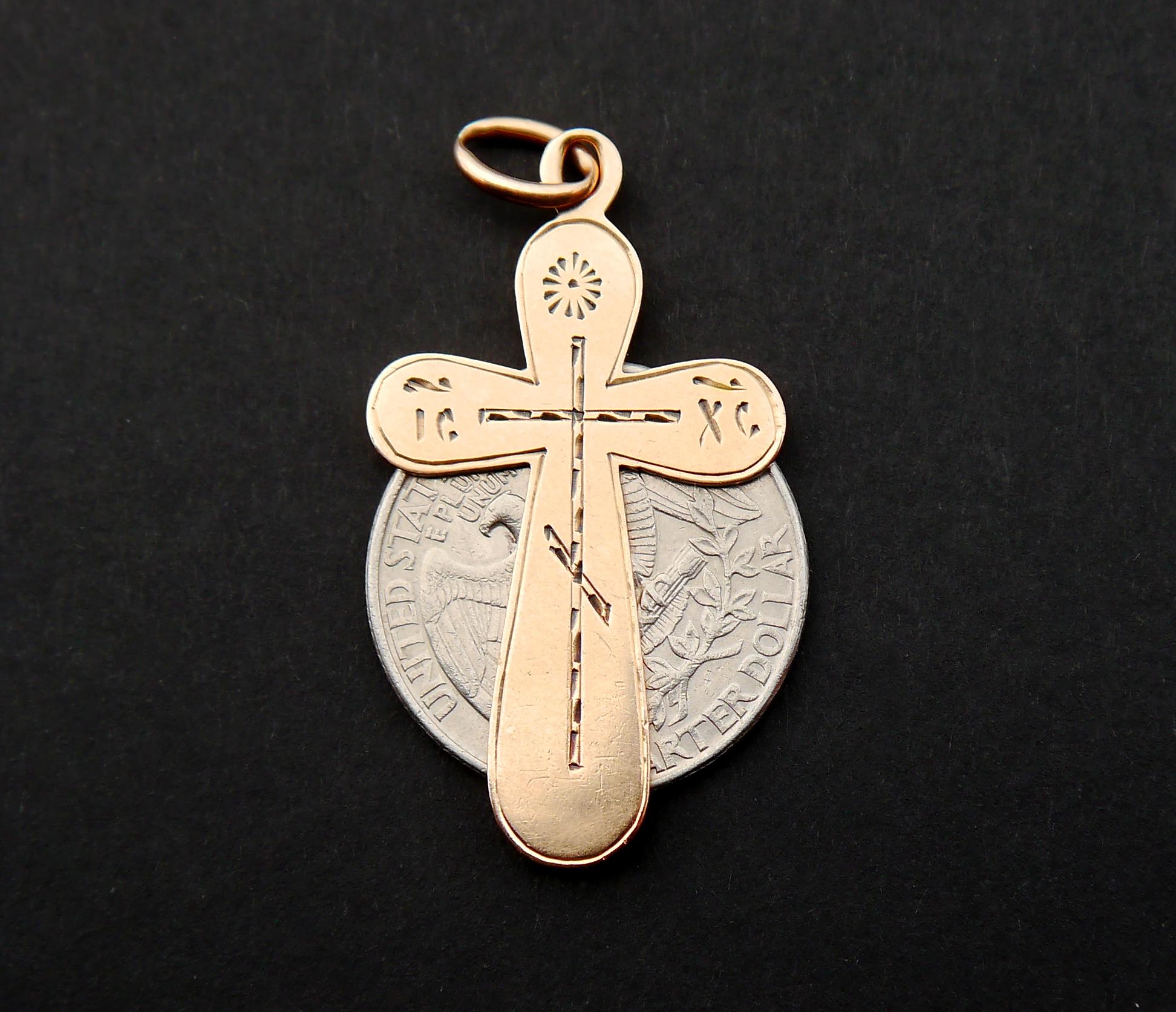 Russian Imperial Orthodox Cross Crucifix Solid 56 / 14K Gold /4.5cm / 4.2gr For Sale 2