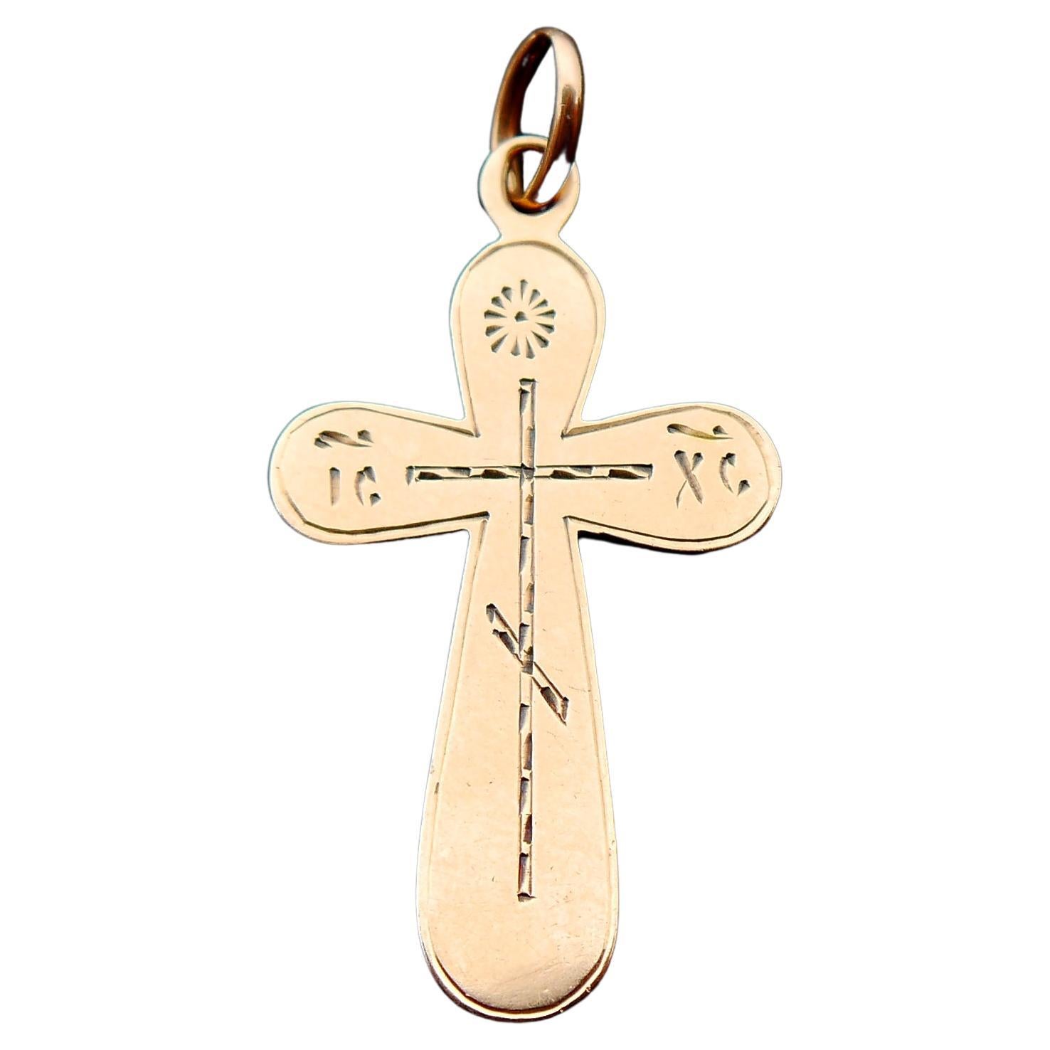 Russian Imperial Orthodox Cross Crucifix Solid 56 / 14K Gold /4.5cm / 4.2gr For Sale
