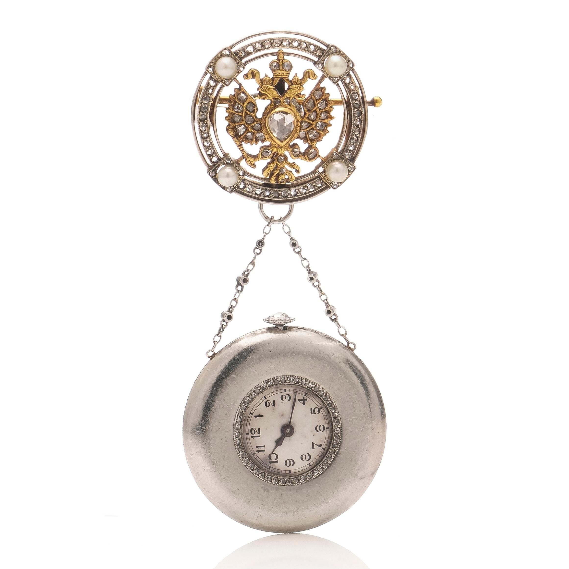 Russische kaiserliche Präsentations-Uhr mit Anhänger aus Platin und Gold mit Juwelen im Zustand „Gut“ im Angebot in Braintree, GB