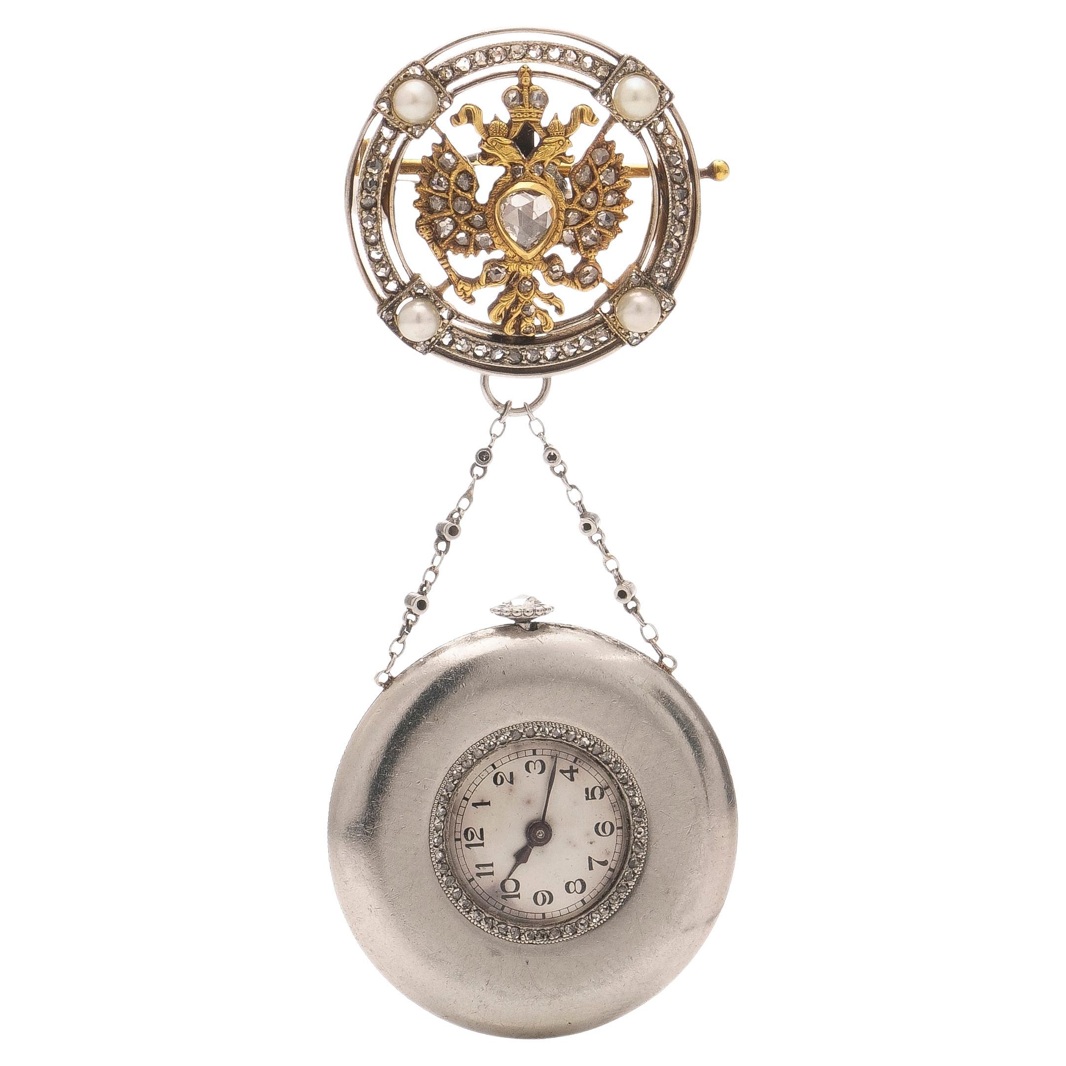 Russian Imperial Presentation Jewelled Platinum and Gold Pendant Watch For Sale