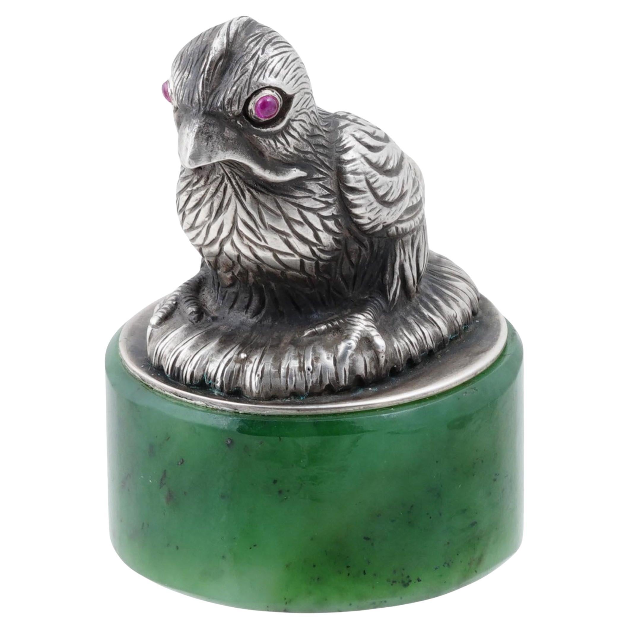 Russian Imperial Silver Bird Figurine with Ruby Eyes, 6th Artel, 1908-1917
