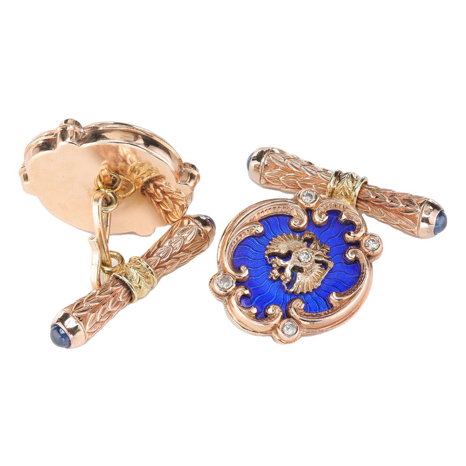 Vintage Russian Imperial-style unisex cufflinks in two-tone gold, topped with royal-blue enamel, diamonds and sapphires. 
The bars are decorated with hand engraving and cab sapphires. Handmade at the end of the last century.

Extremely good,