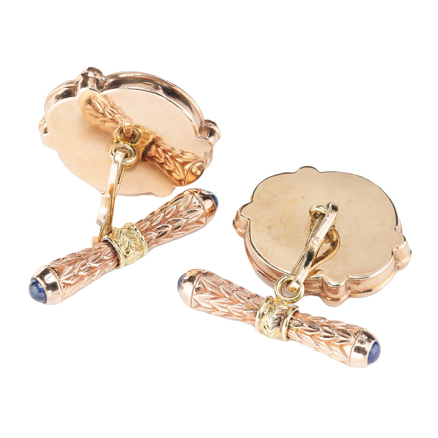 Empire Russian Imperial Style Cufflinks in Rose Gold with Diamond and Sapphires