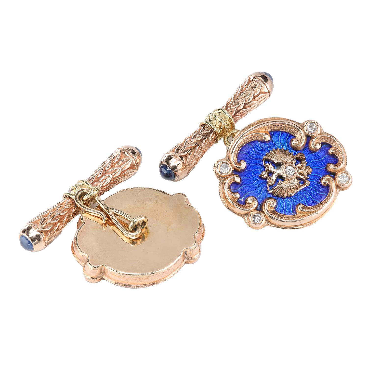 Rose Cut Russian Imperial Style Cufflinks in Rose Gold with Diamond and Sapphires