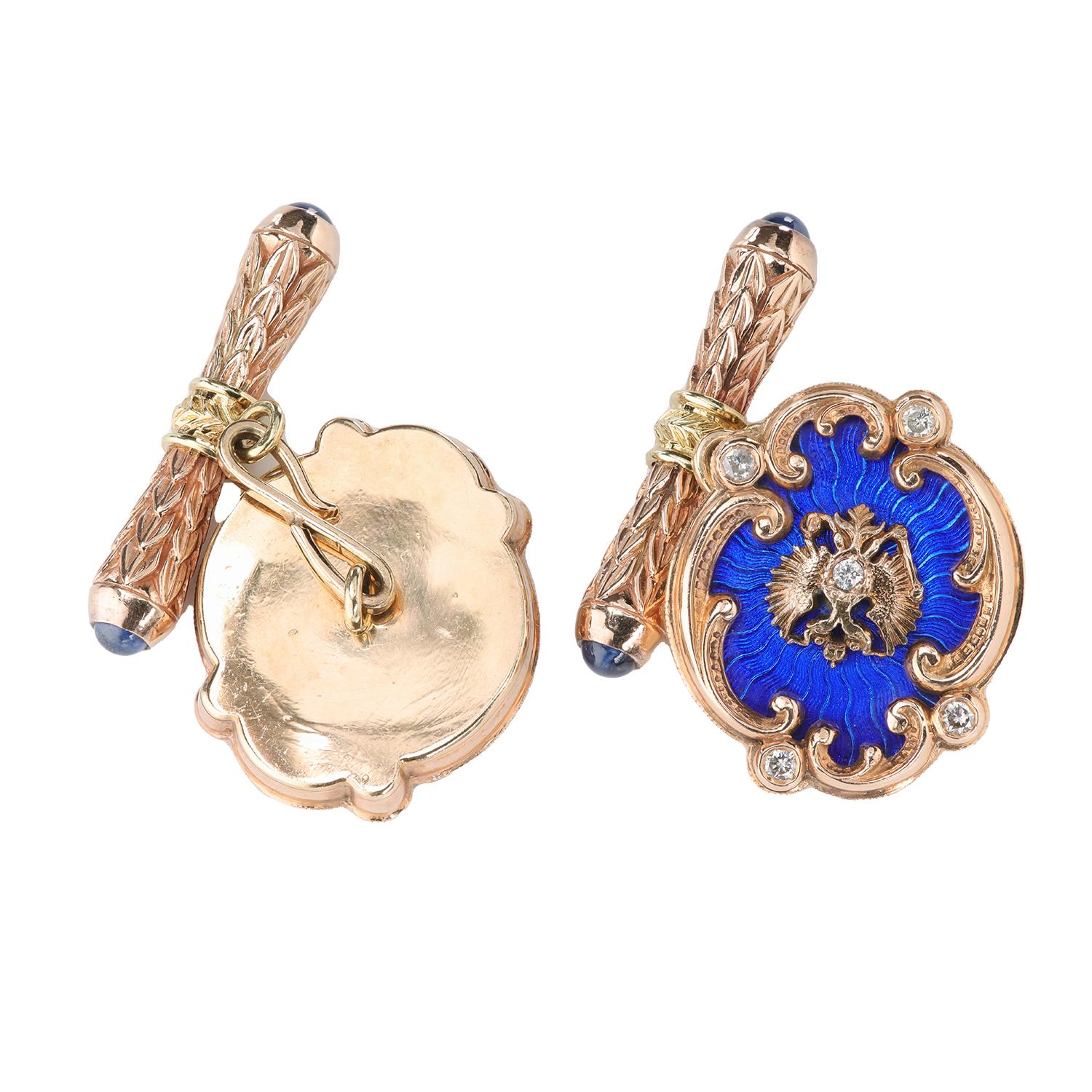 Russian Imperial Style Cufflinks in Rose Gold with Diamond and Sapphires In Excellent Condition In New York, NY