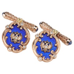 Russian Imperial Style Cufflinks in Rose Gold with Diamond and Sapphires