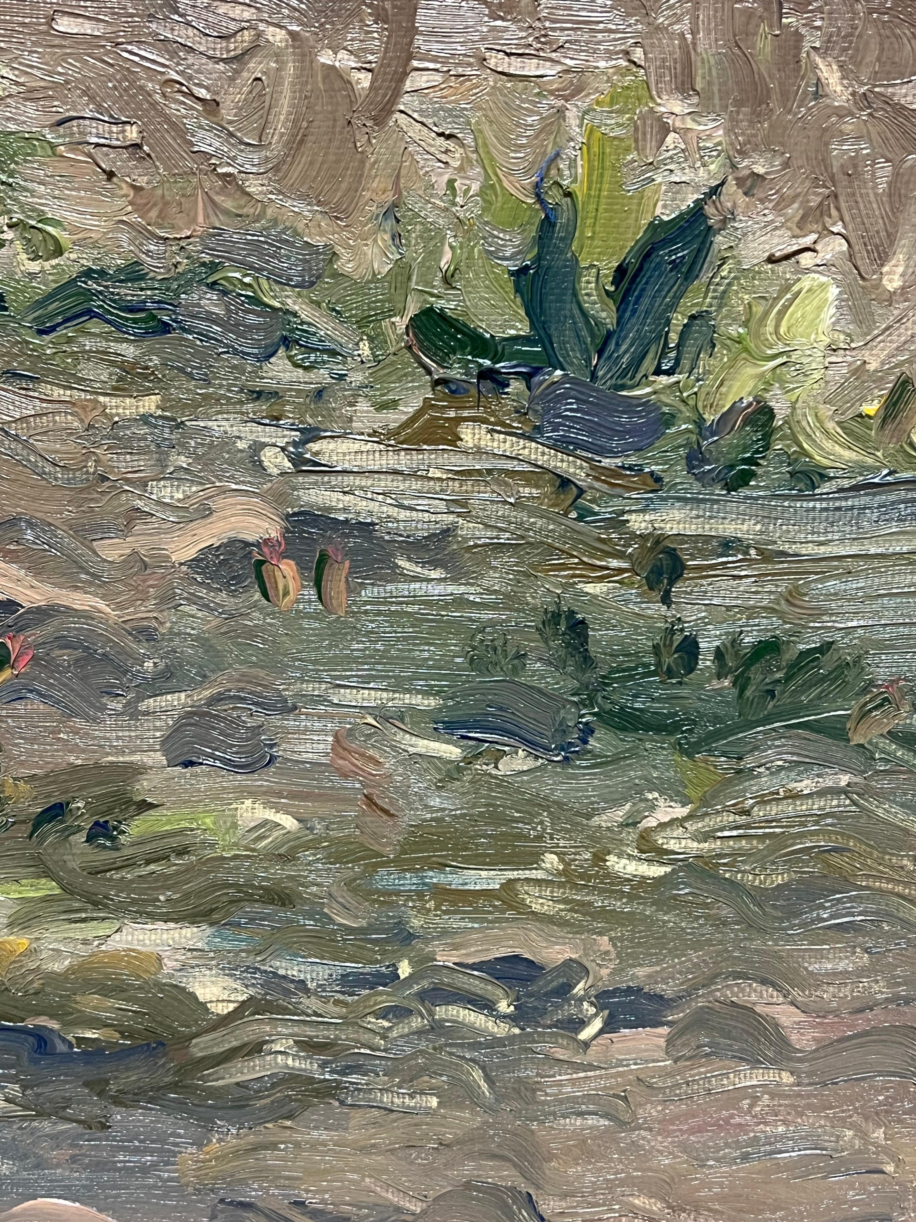 Enorme dipinto ad olio del 20° secolo, firmato da un impressionista russo, Giardino di fiori e casa in vendita 6