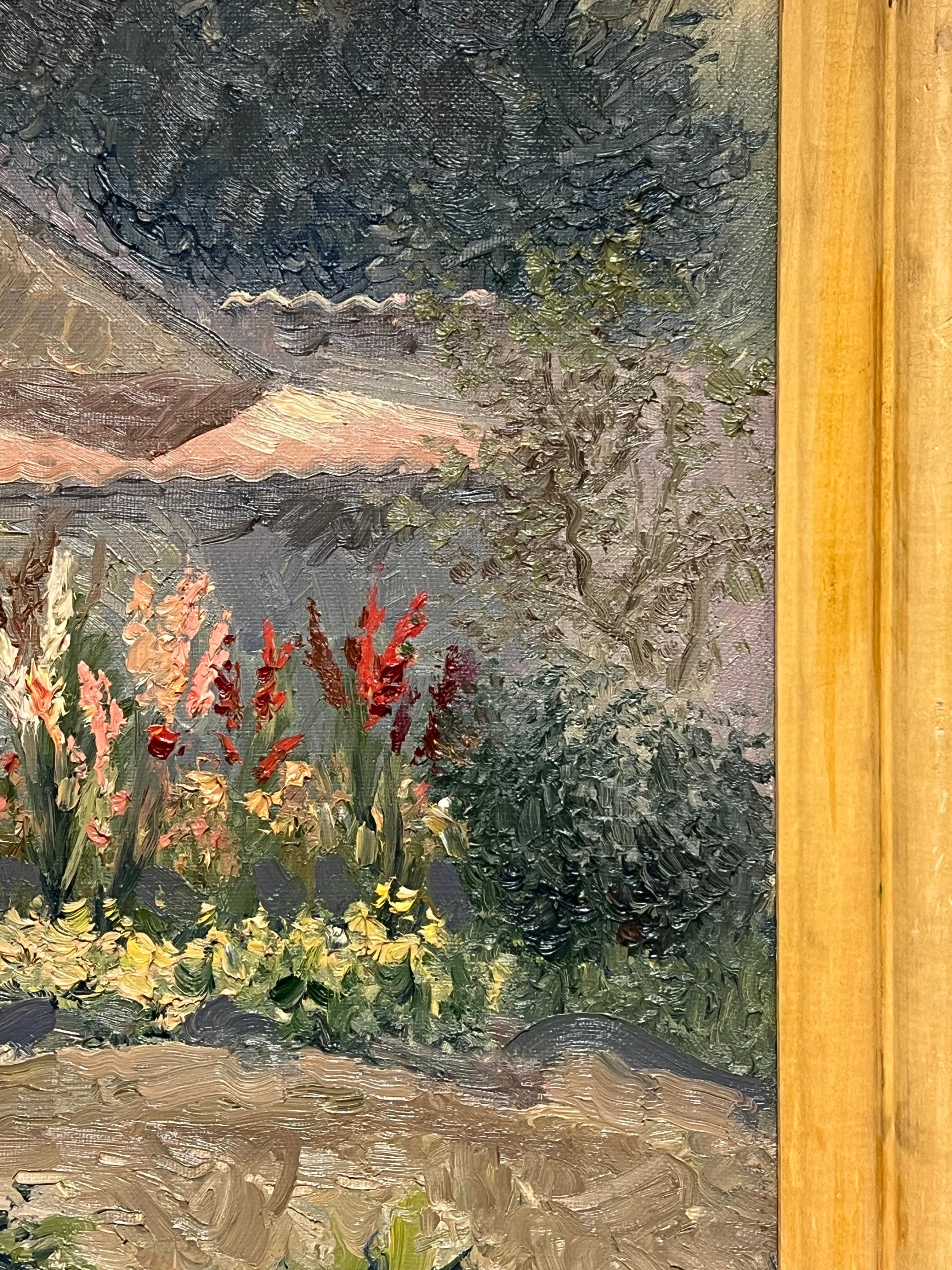 Enorme dipinto ad olio del 20° secolo, firmato da un impressionista russo, Giardino di fiori e casa in vendita 8