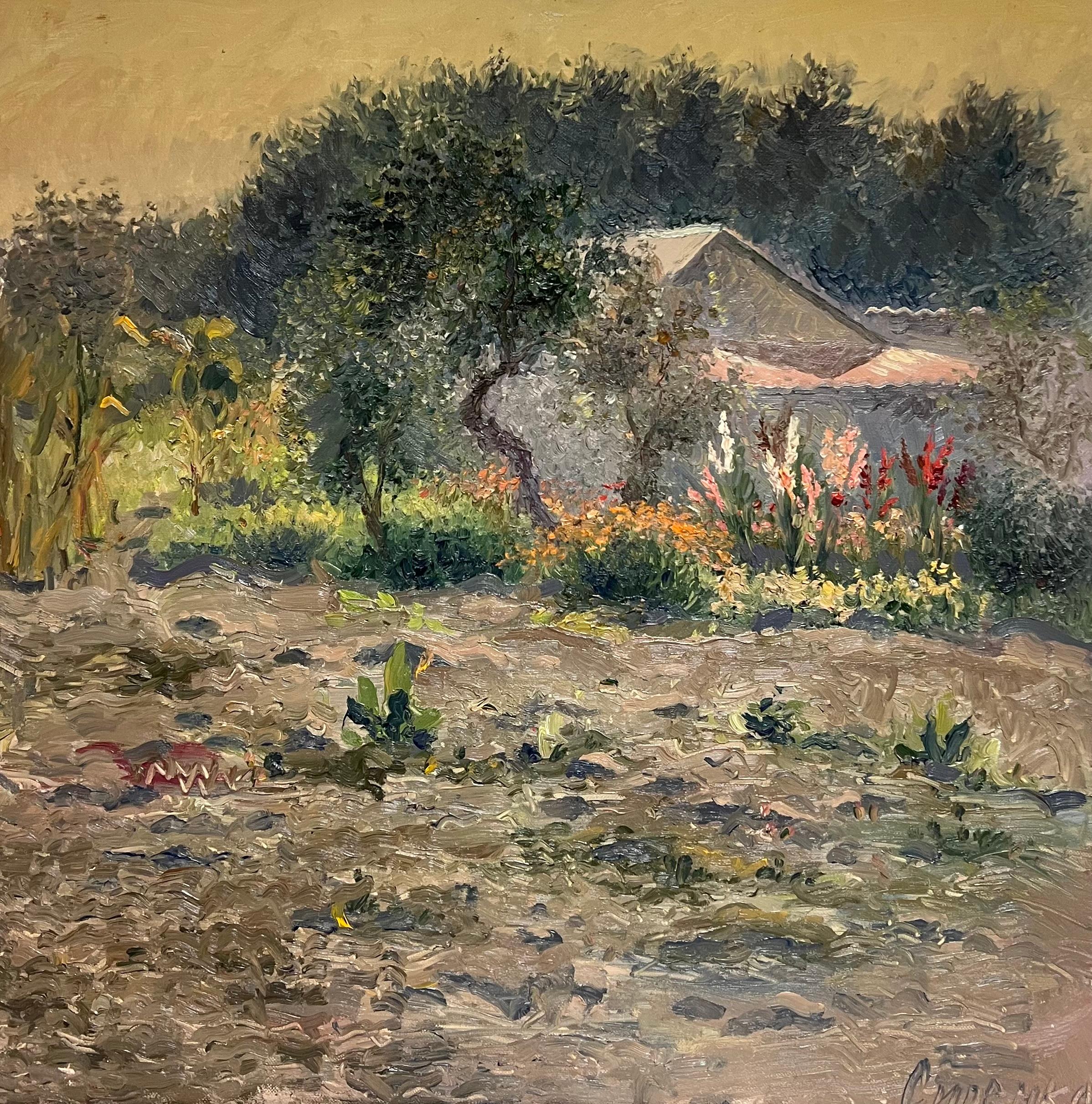 Enorme dipinto ad olio del 20° secolo, firmato da un impressionista russo, Giardino di fiori e casa - Painting Postimpressionismo di Russian Impressionist