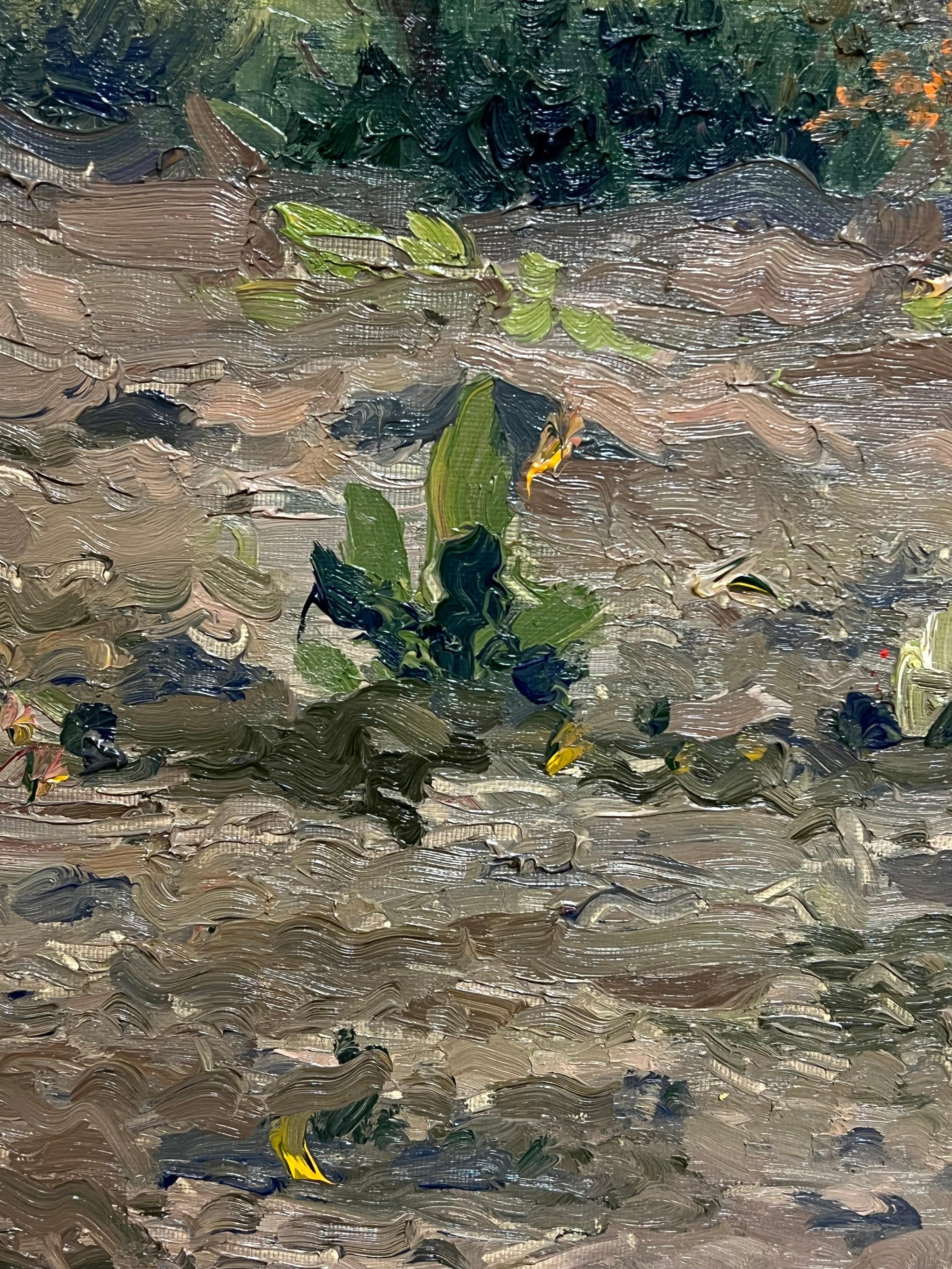 Enorme dipinto ad olio del 20° secolo, firmato da un impressionista russo, Giardino di fiori e casa - Landscape Painting Marrone di Russian Impressionist