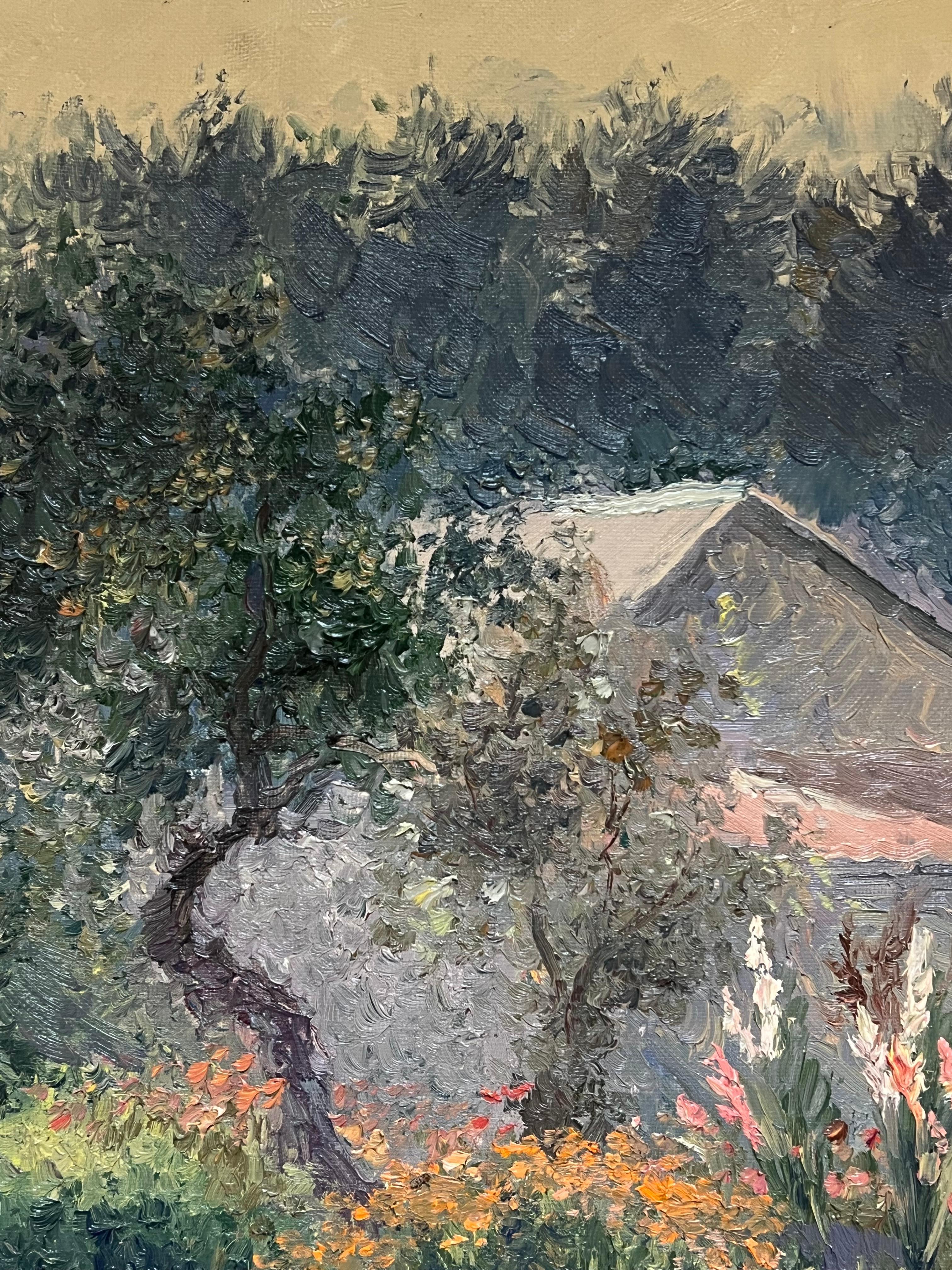 Enorme dipinto ad olio del 20° secolo, firmato da un impressionista russo, Giardino di fiori e casa in vendita 1