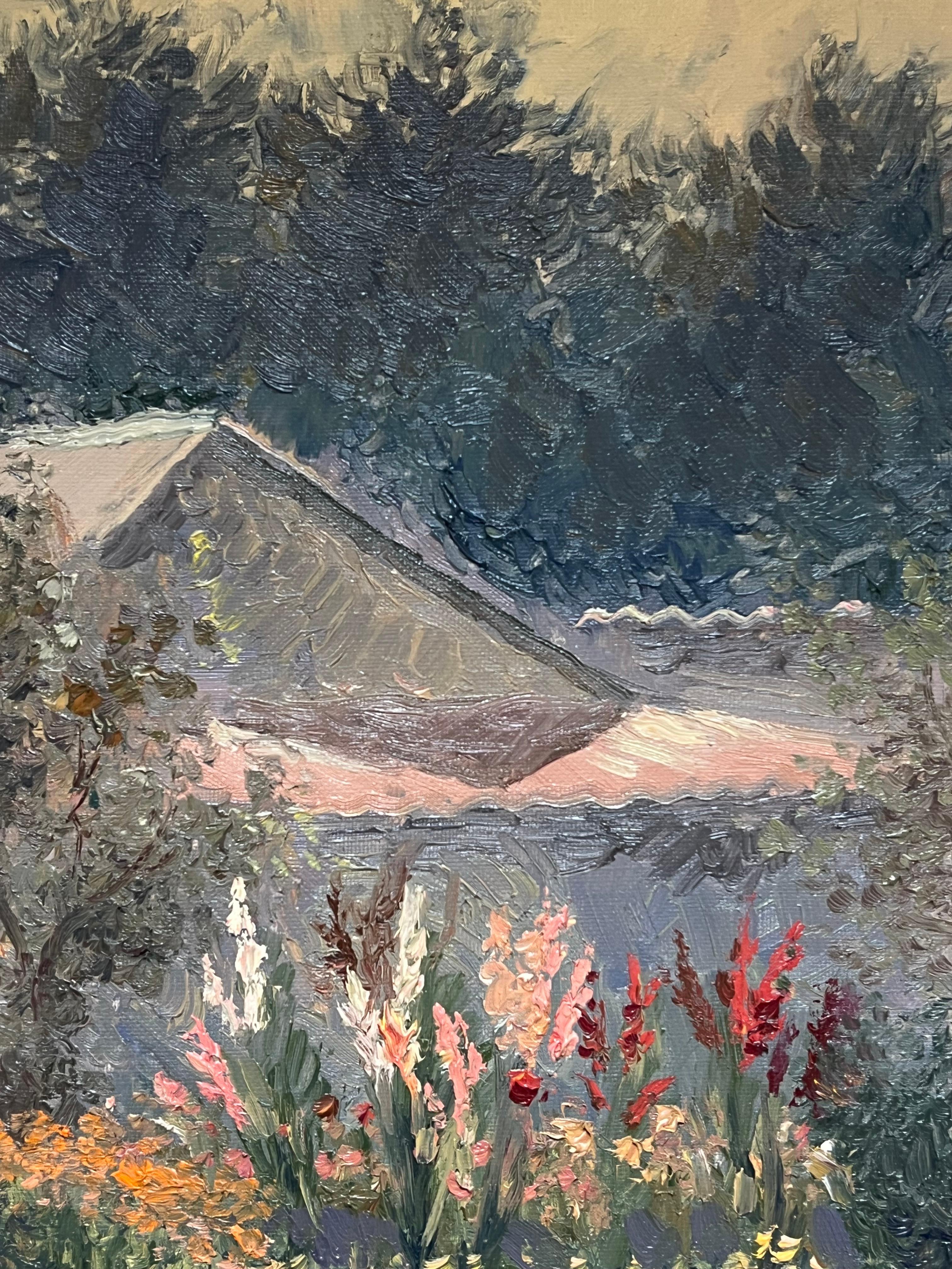 Enorme dipinto ad olio del 20° secolo, firmato da un impressionista russo, Giardino di fiori e casa in vendita 2