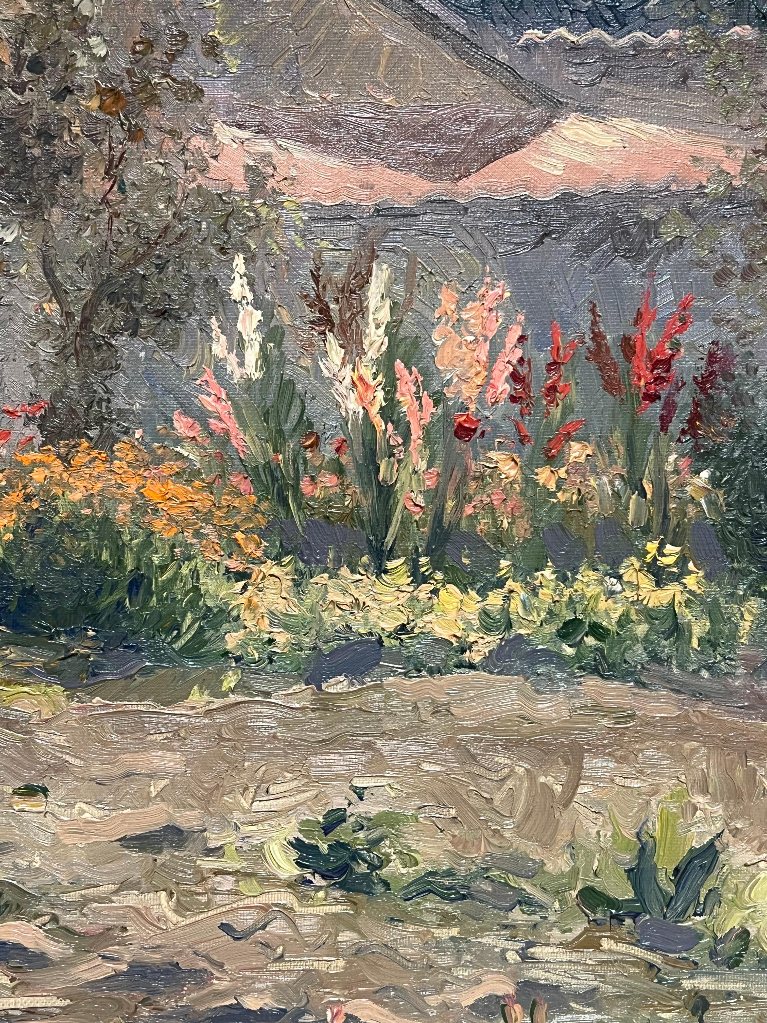 Enorme dipinto ad olio del 20° secolo, firmato da un impressionista russo, Giardino di fiori e casa in vendita 3