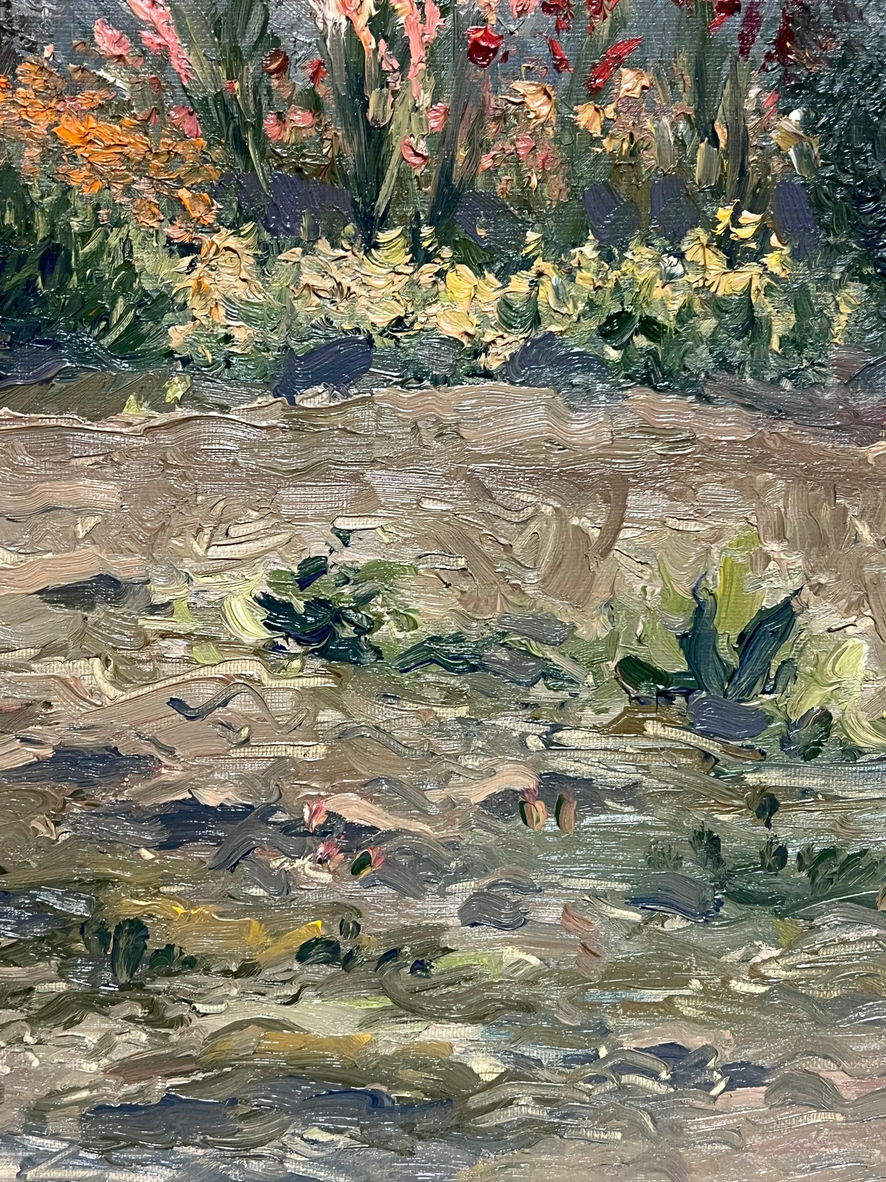 Enorme dipinto ad olio del 20° secolo, firmato da un impressionista russo, Giardino di fiori e casa in vendita 4