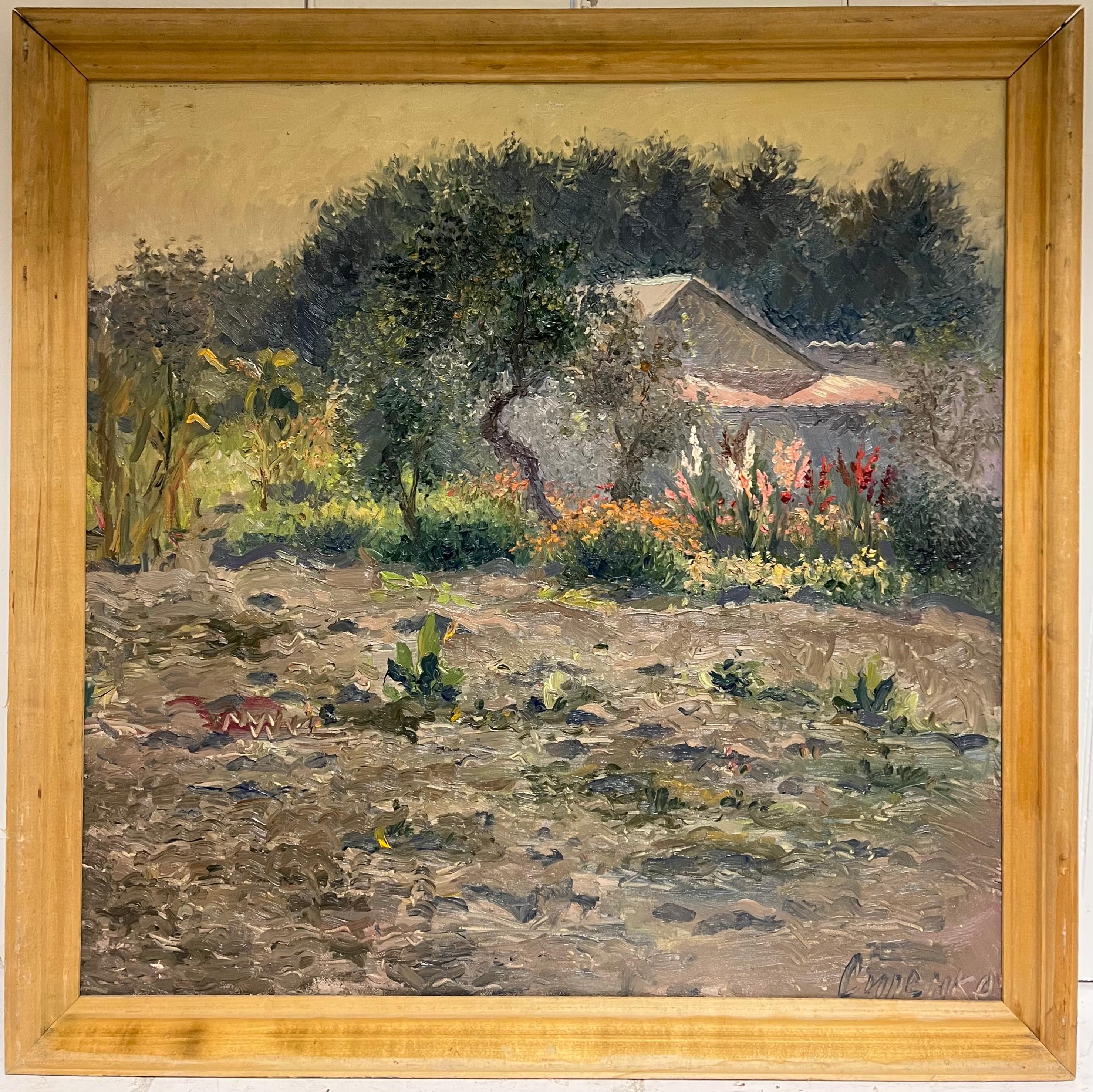 Landscape Painting di Russian Impressionist - Enorme dipinto ad olio del 20° secolo, firmato da un impressionista russo, Giardino di fiori e casa