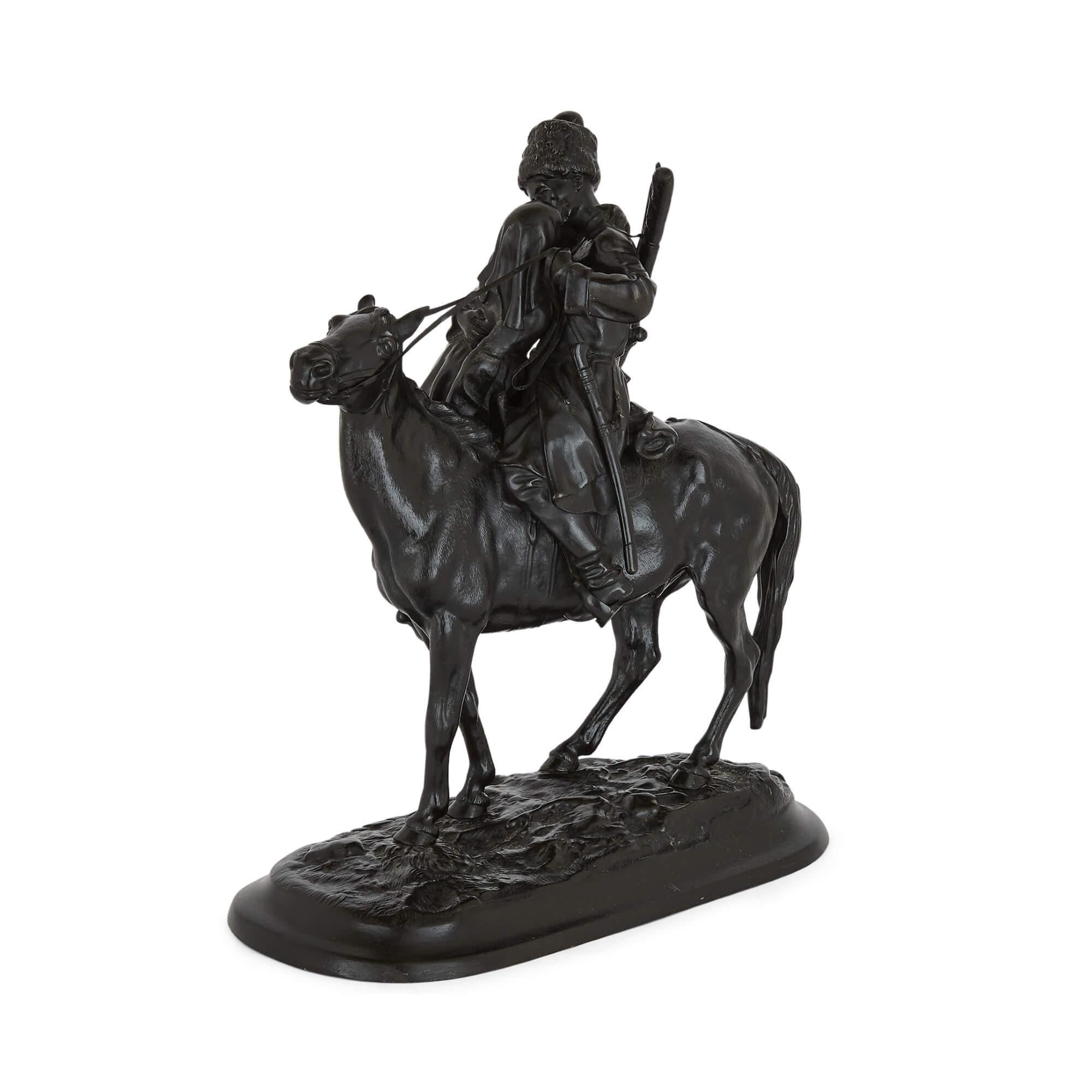 Russian iron sculpture of a Cossack horseman
Russian, 1912
Height 39cm, width 35.5cm, depth 17.5cm

This expressive patinated cast iron sculpture depicts a Cossack soldier on horseback. The soldier embraces his lover, who leaps from the ground into