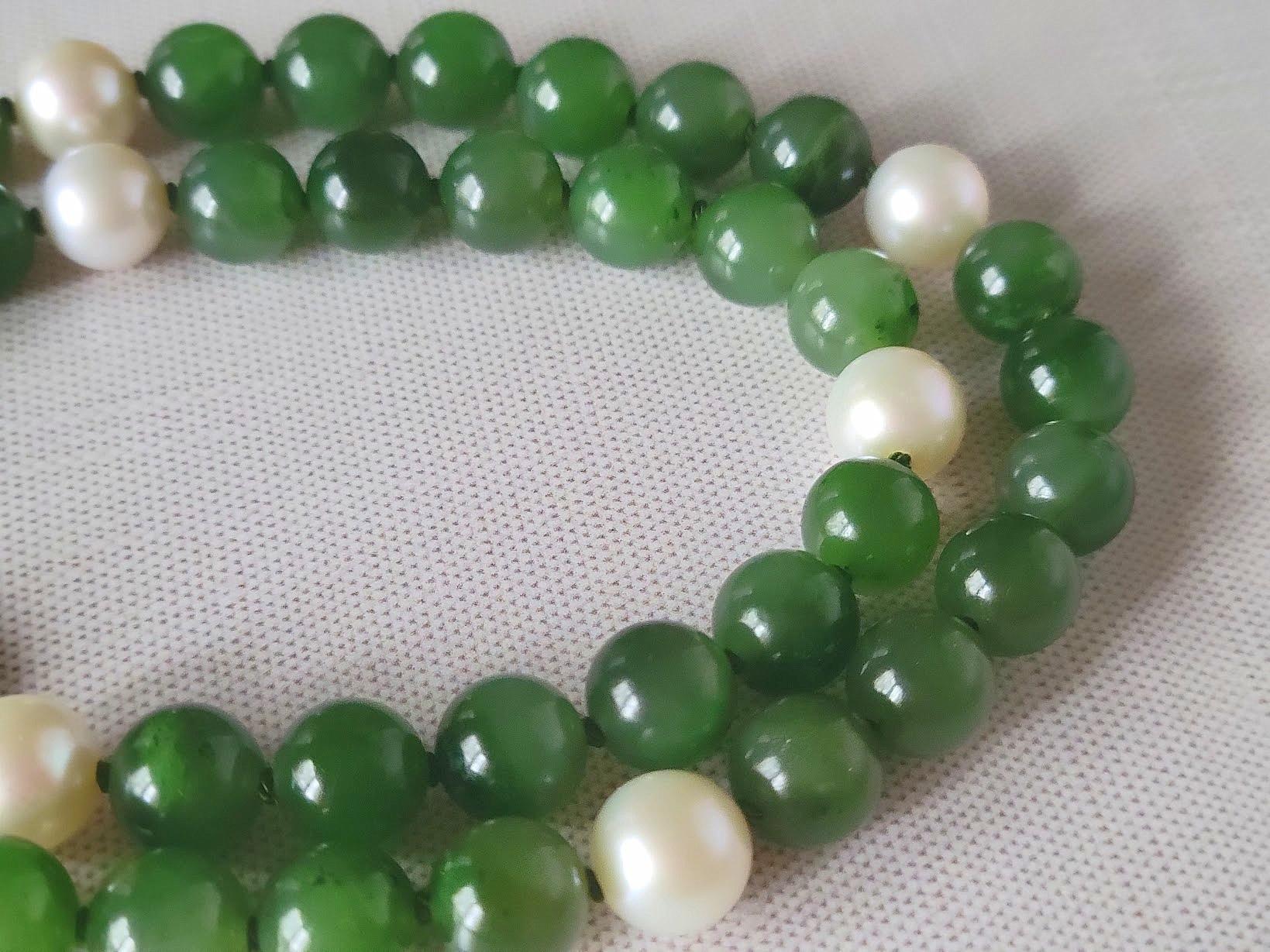 Bead Russian Jade & Akoya Pearl Necklace For Sale