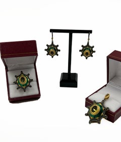 Russian Jewelry Set in Sterling Silver, Malachite, and Gold Vermeil