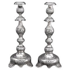 Russian Judaica Sterling Silver Candlesticks, Pair