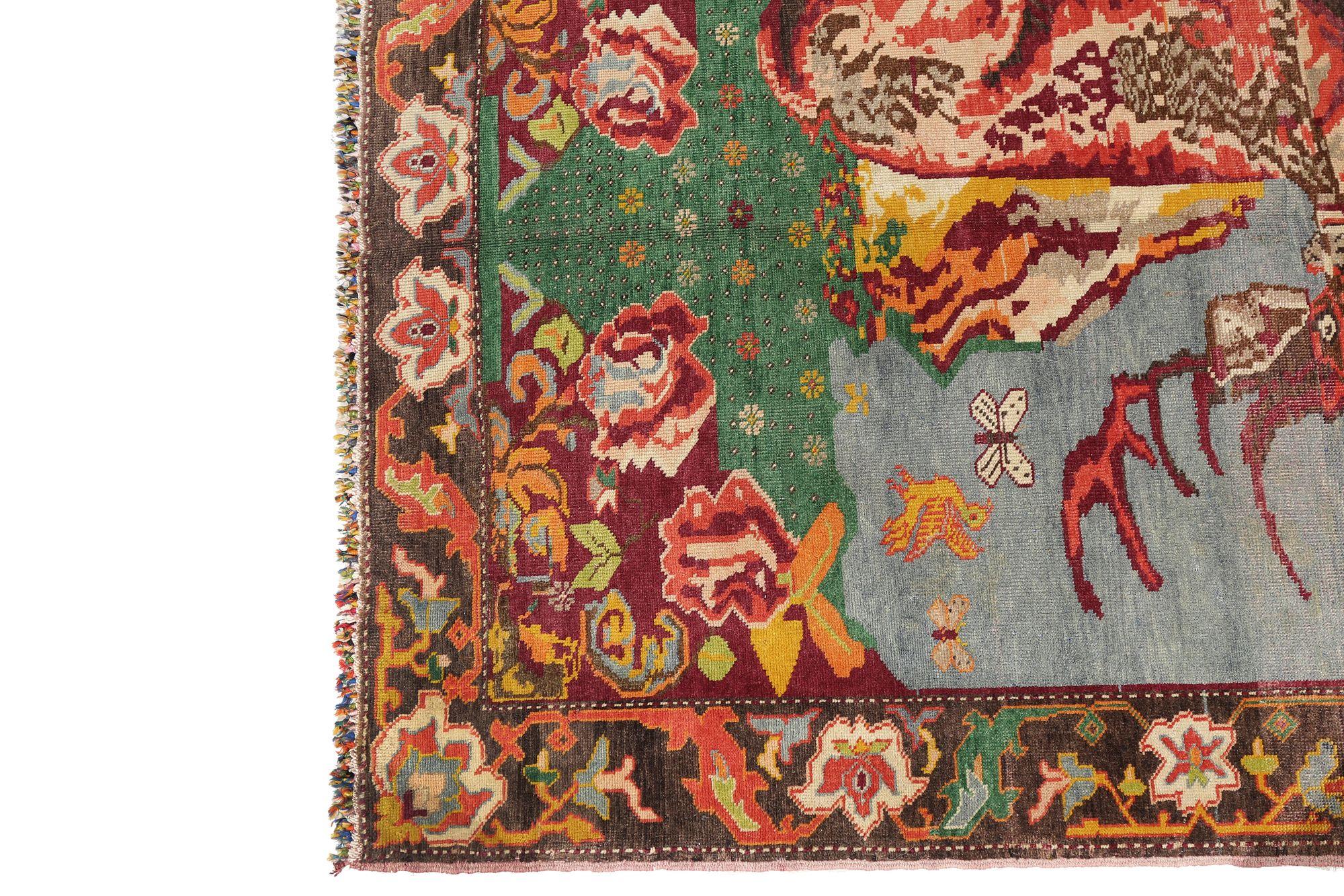Tribal Tapis russes Karabagh - Laine bleu vert ivoire rouge jaune - 97944 en vente