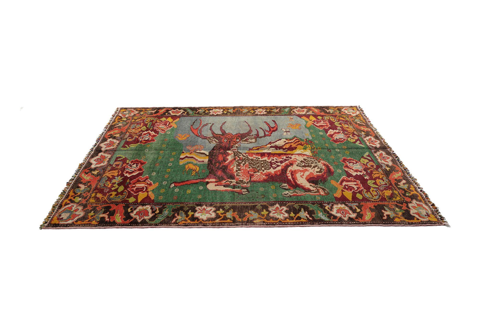 Russe Tapis russes Karabagh - Laine bleu vert ivoire rouge jaune - 97944 en vente